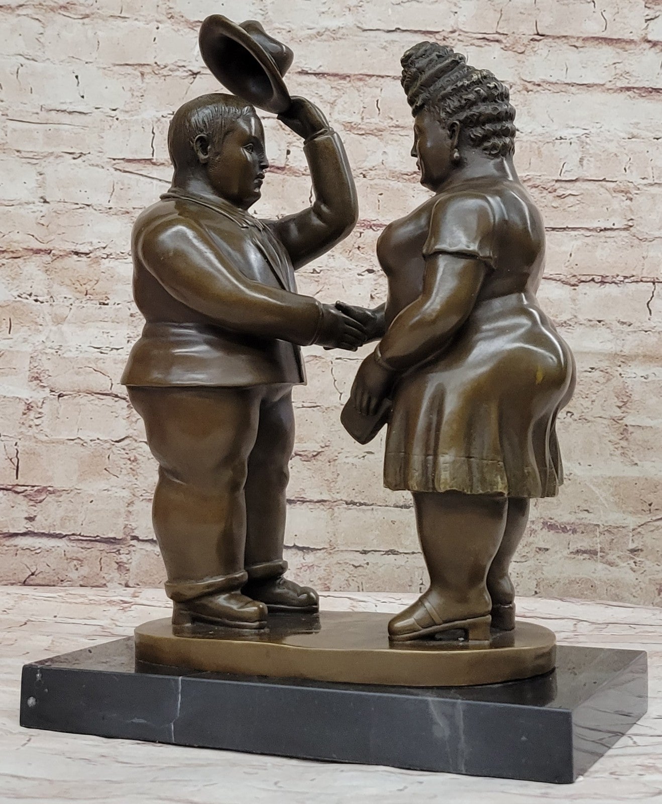 Abstract Modern Art English Man and Woman Bronze Sculpture Signed Botero Figure