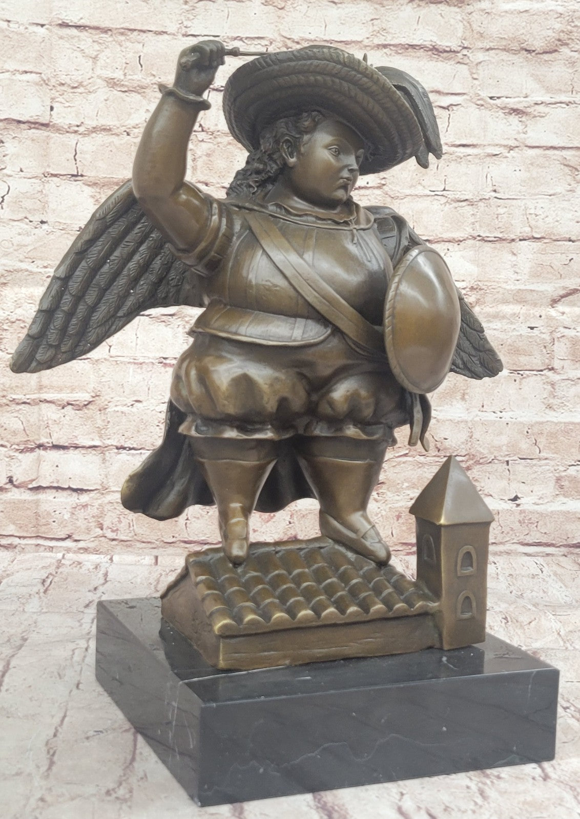 Bronze Sculpture Signed Botero Hand Made Arch Angel With Sword and Wings