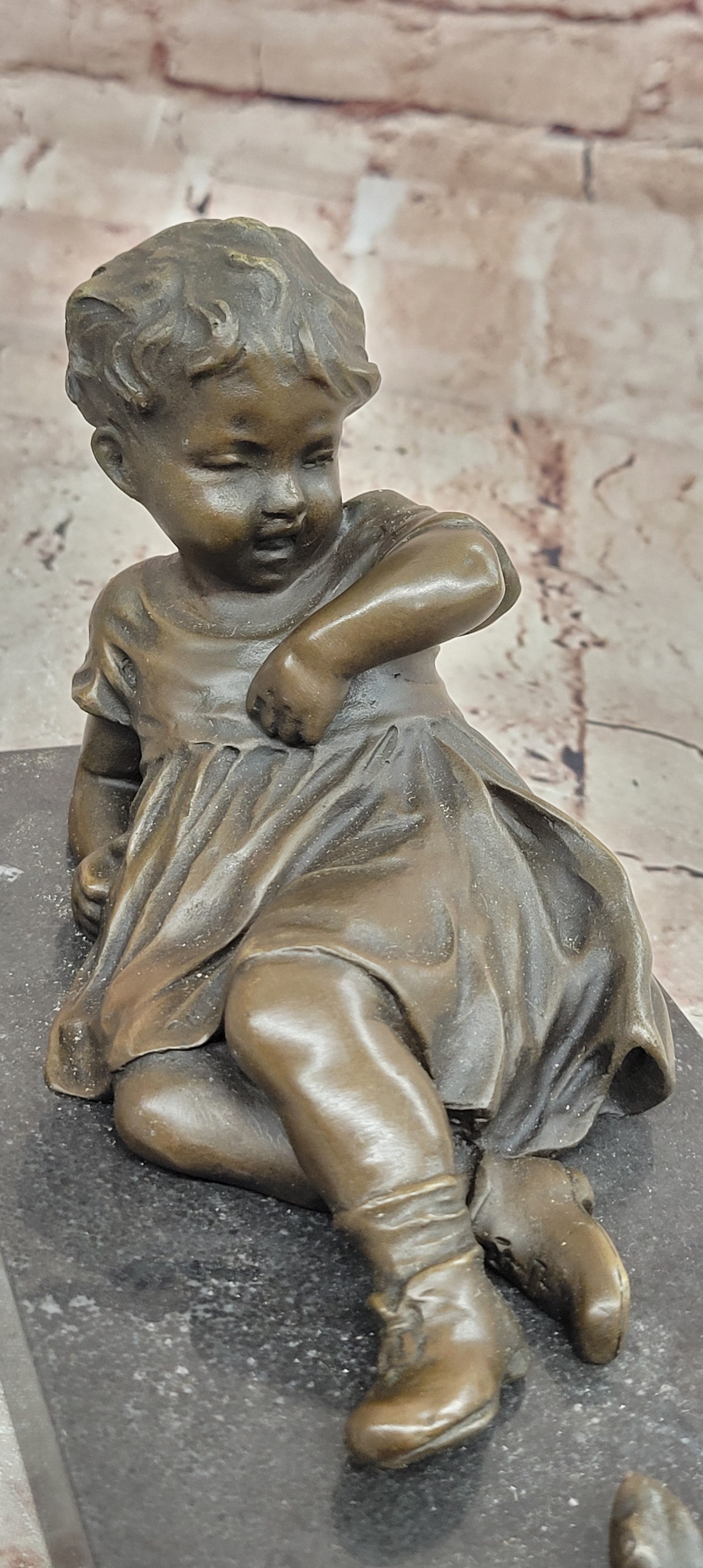 Signed Juno Bronze Sculpture Girl Sitting with Frog Handmade Artwork