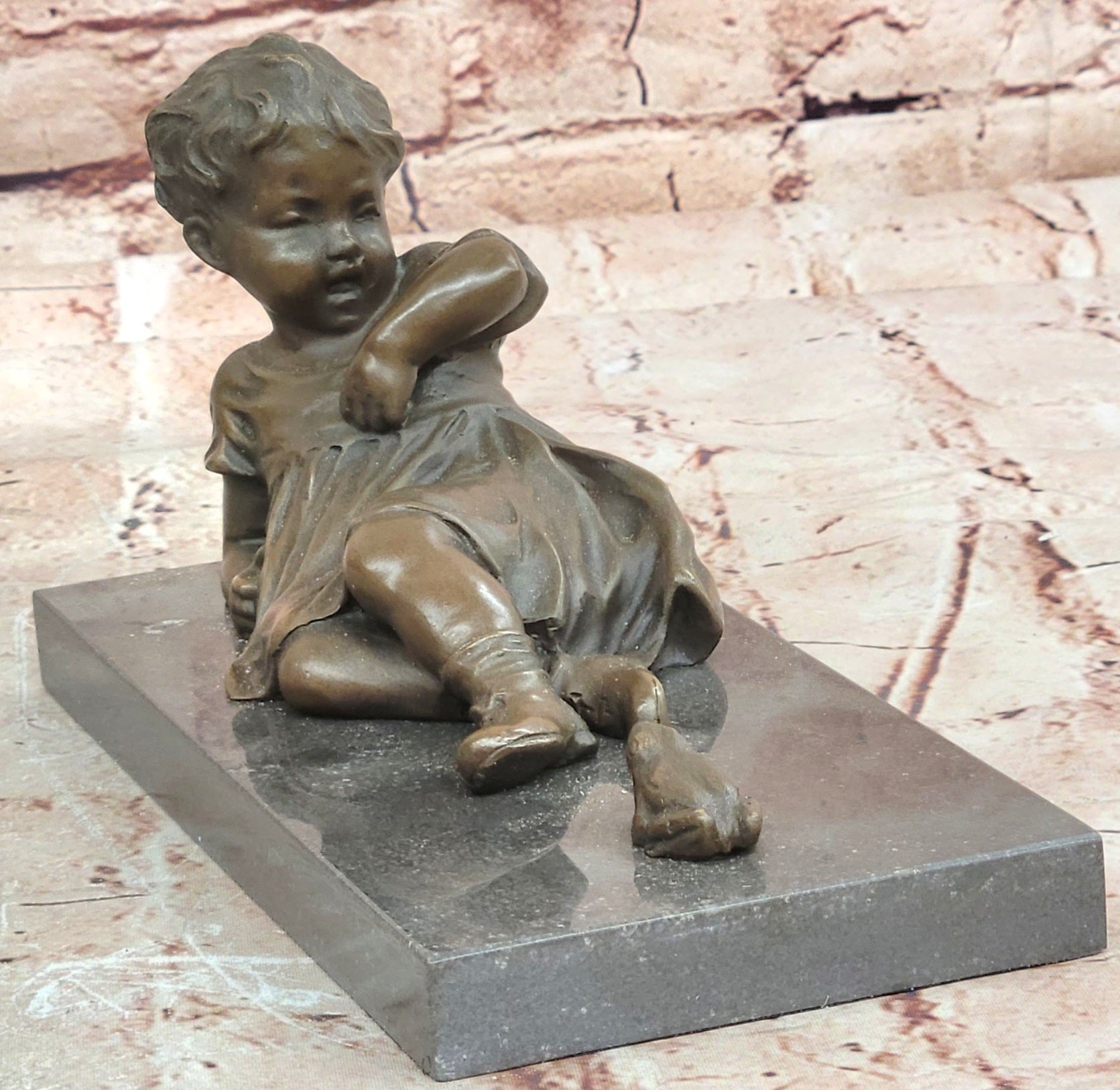Signed Juno Bronze Sculpture Girl Sitting with Frog Handmade Artwork