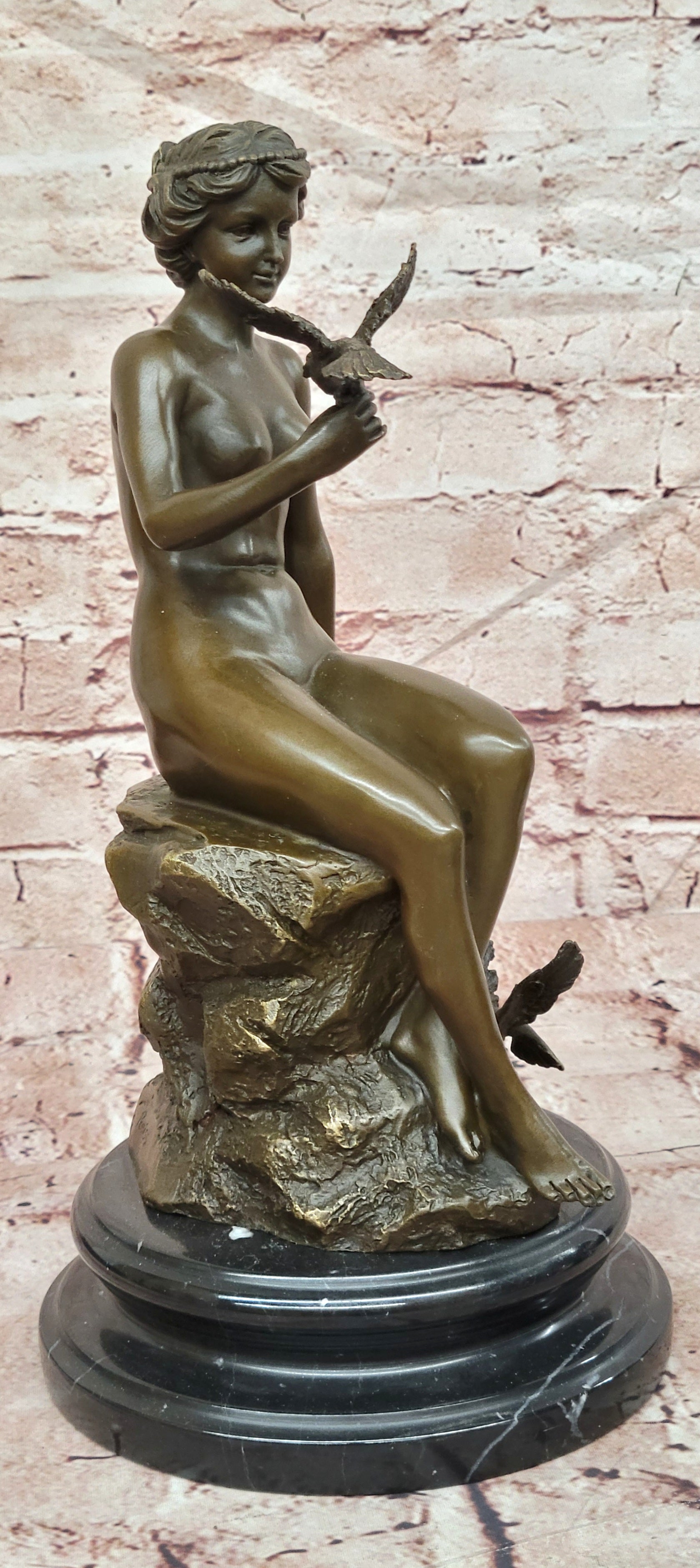 Bronze Seated Lady Sculpture Preiss French Woman with Birds Decorative Art