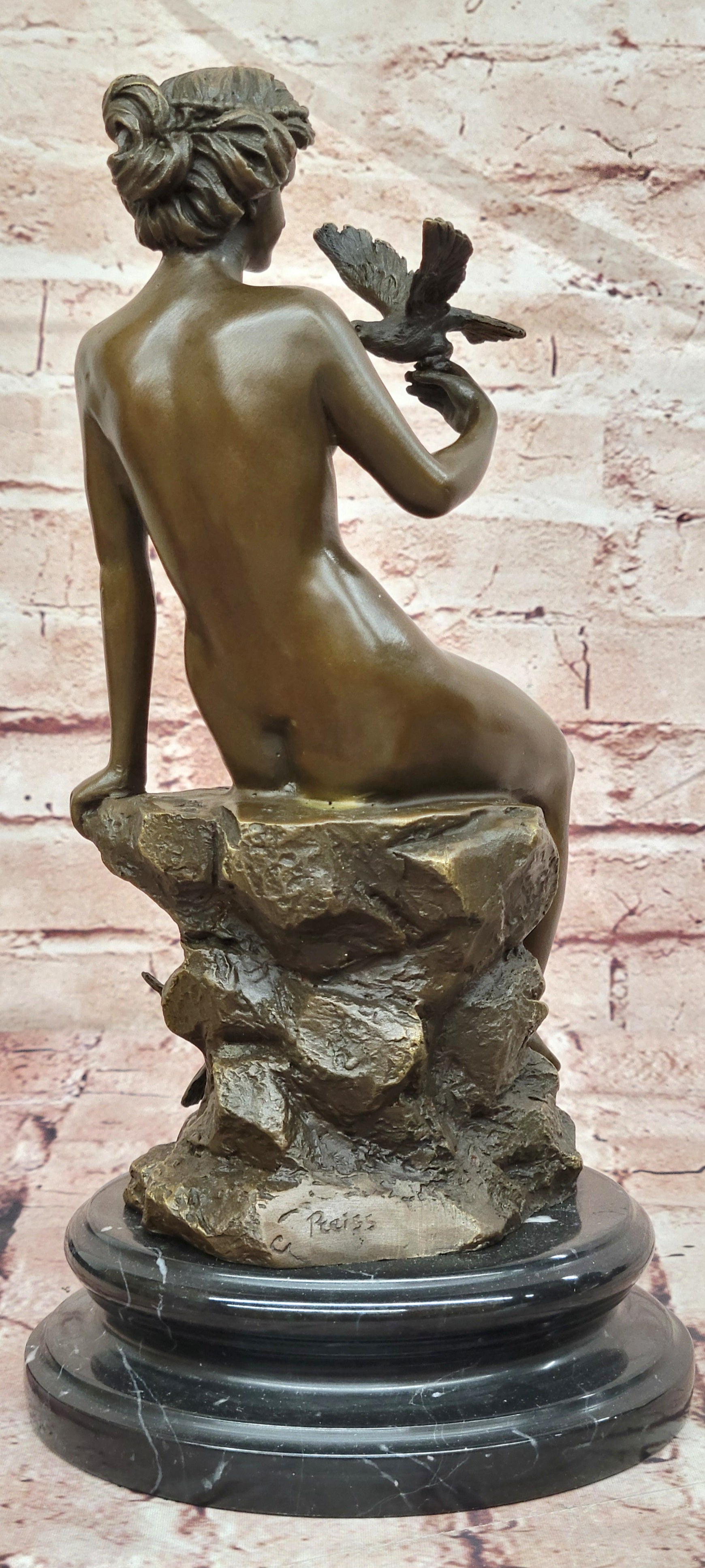 Bronze Seated Lady Sculpture Preiss French Woman with Birds Decorative Art