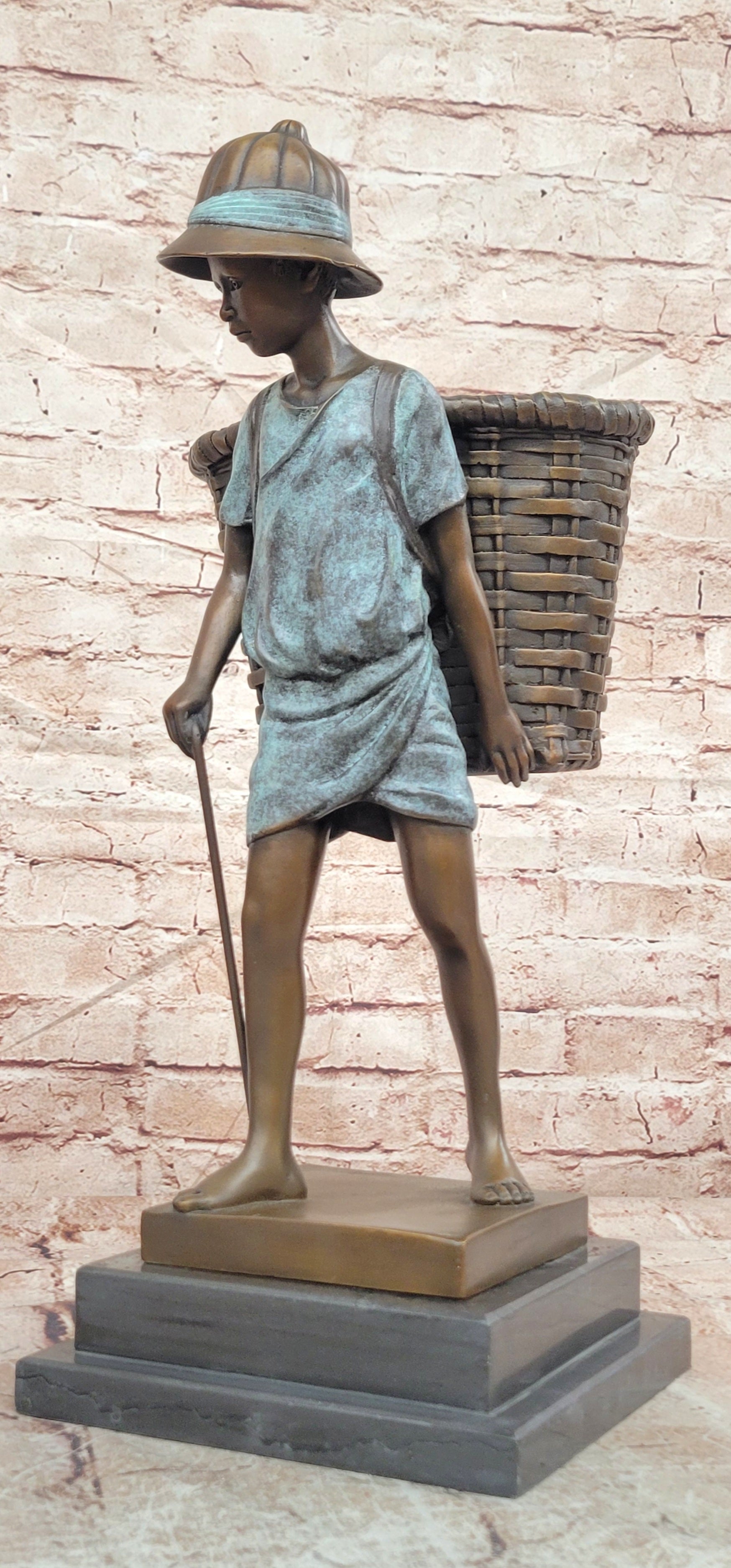 Bronze Farm Boy Sculpture Signed Cesaro Vintage Style Collectible Artwork Statue