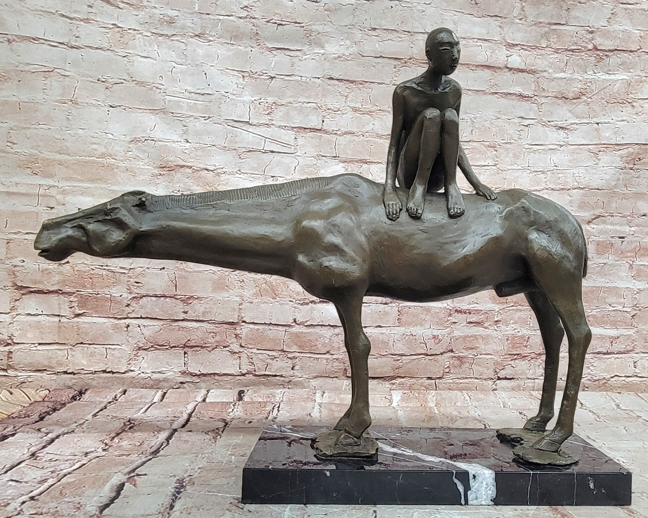 Bronze Boy Horseback Statue Signed Modern Sculpture Figurine Home Decor Art