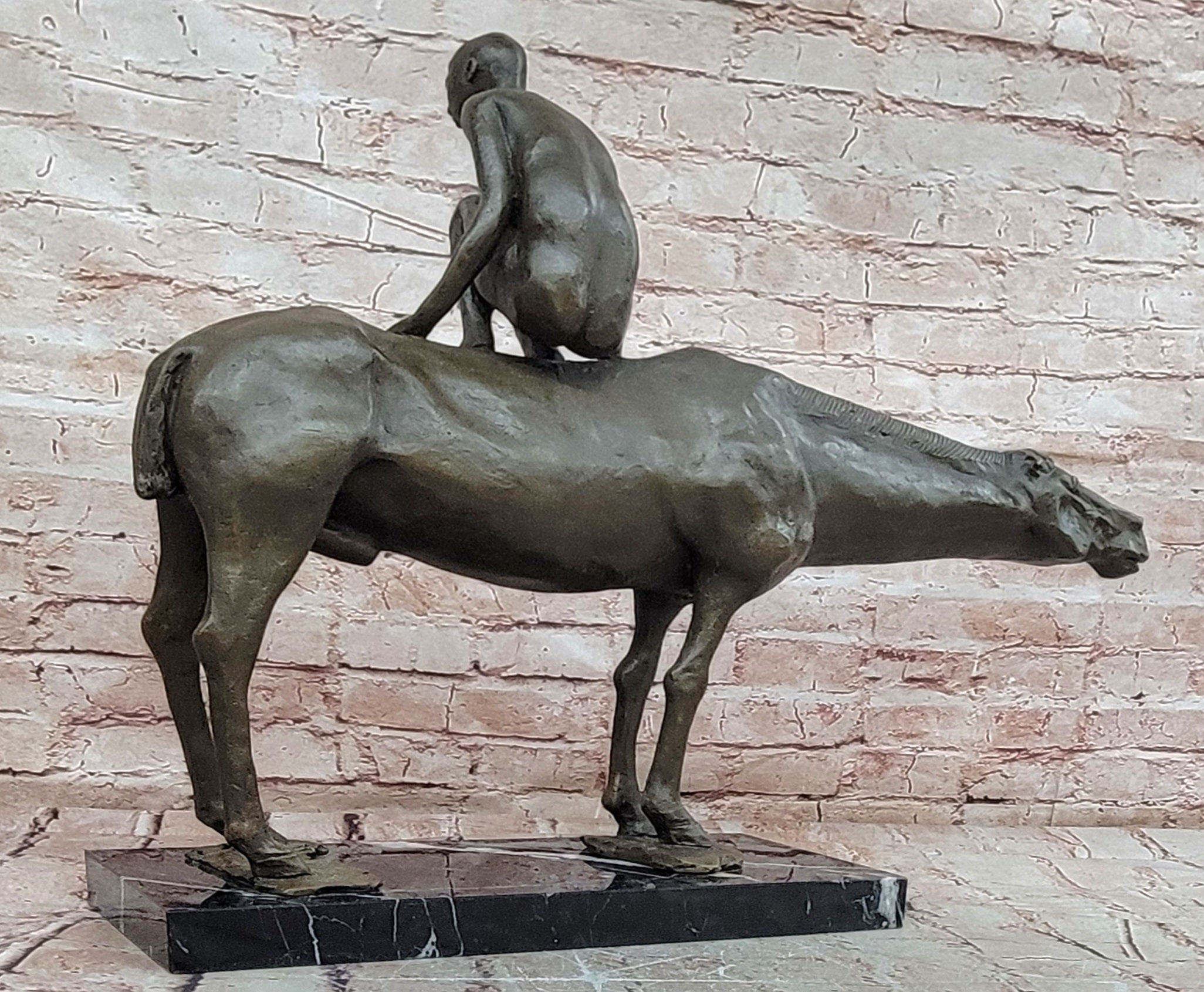 Bronze Boy Horseback Statue Signed Modern Sculpture Figurine Home Decor Art