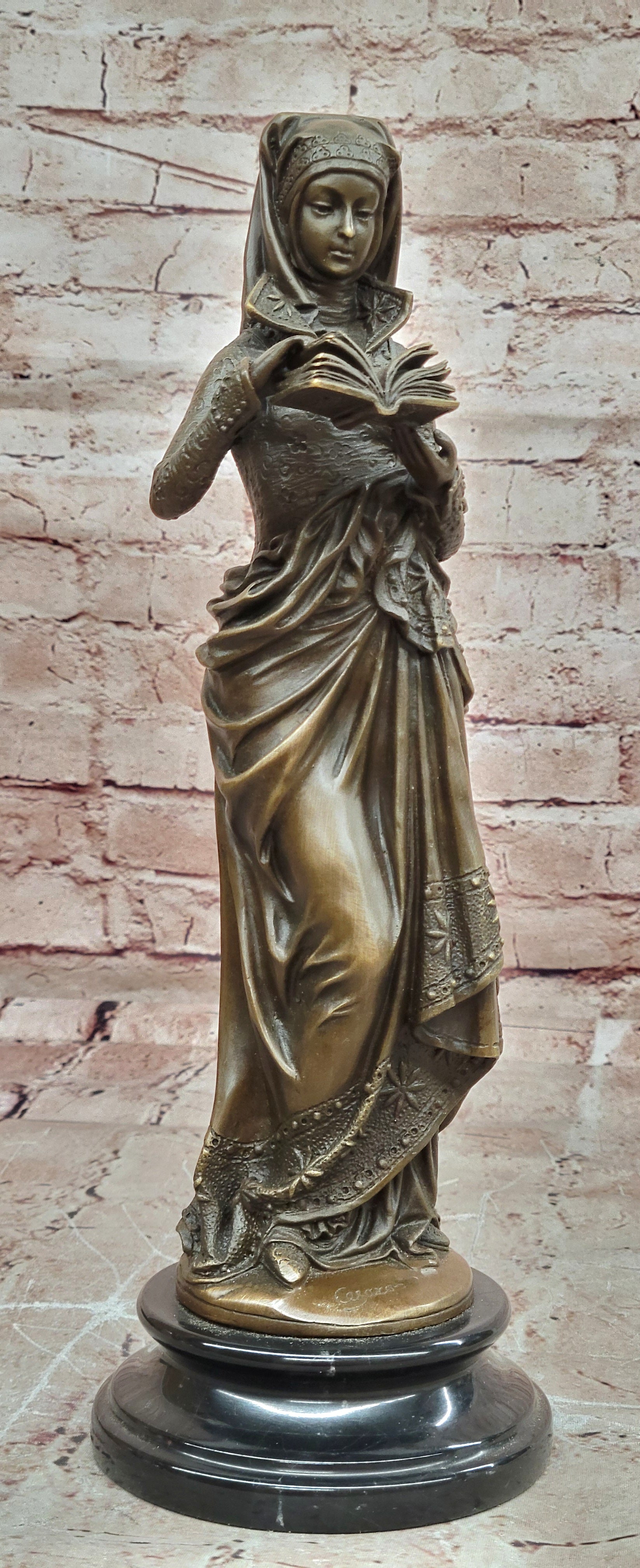 Maiden Reading Bible Bronze Sculpture Victorian Style Religious Statue Home Decor