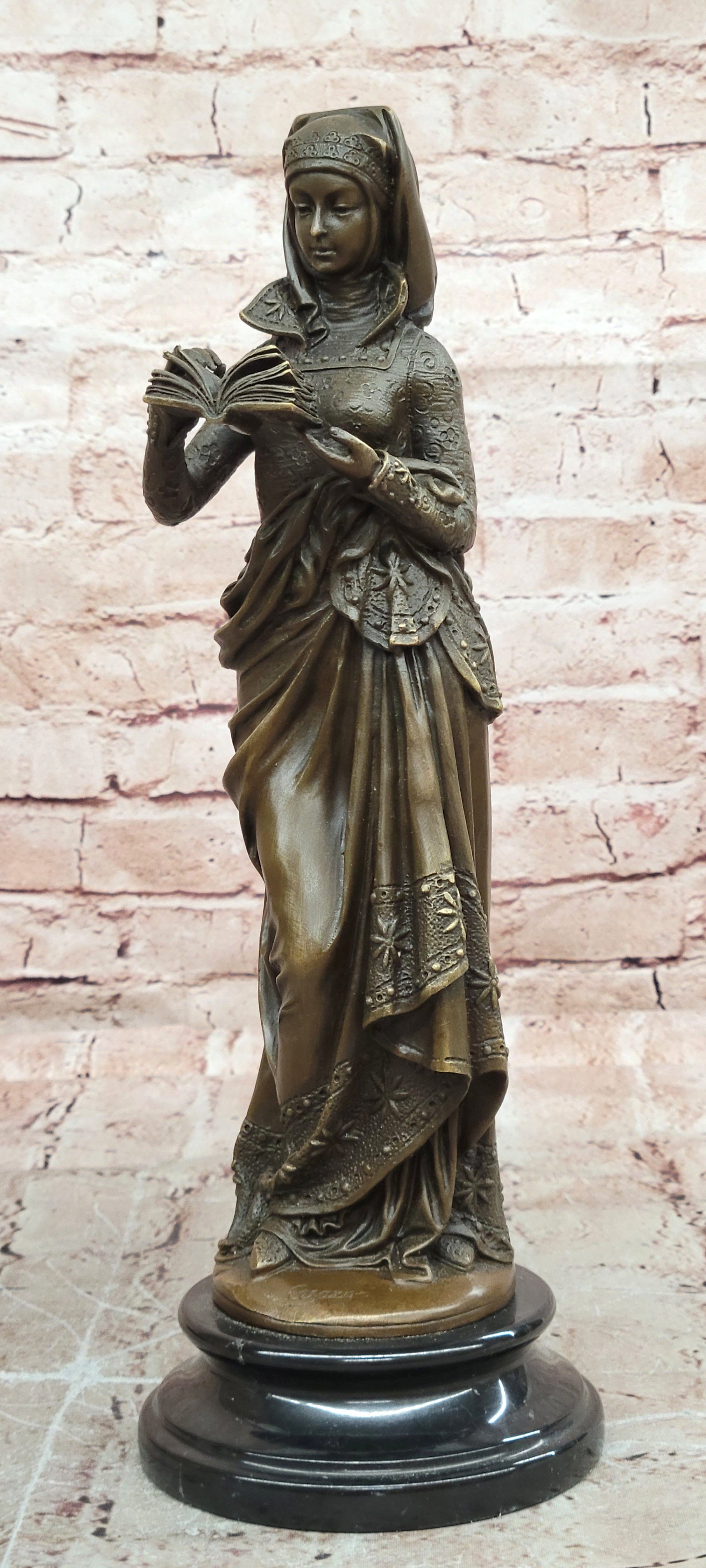 Maiden Reading Bible Bronze Sculpture Victorian Style Religious Statue Home Decor