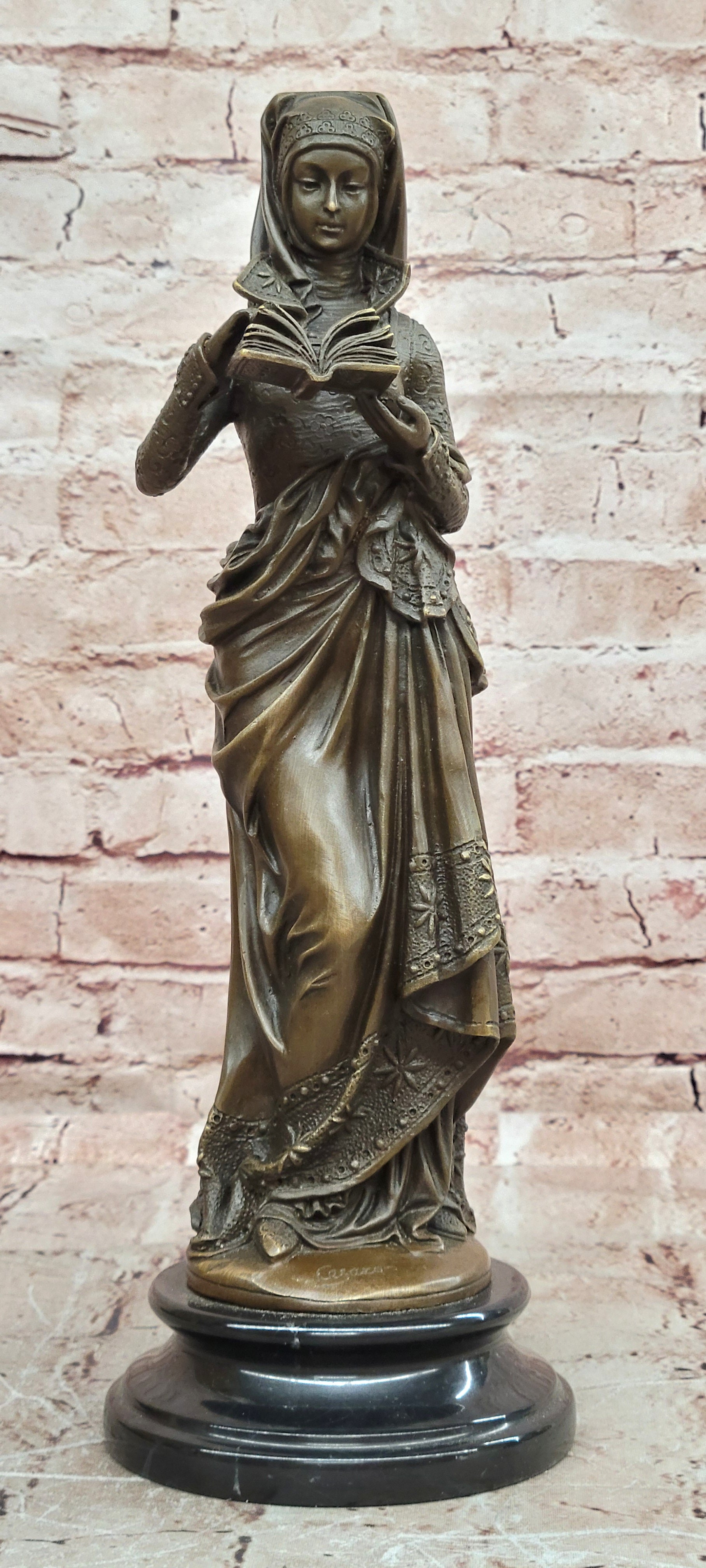 Maiden Reading Bible Bronze Sculpture Victorian Style Religious Statue Home Decor