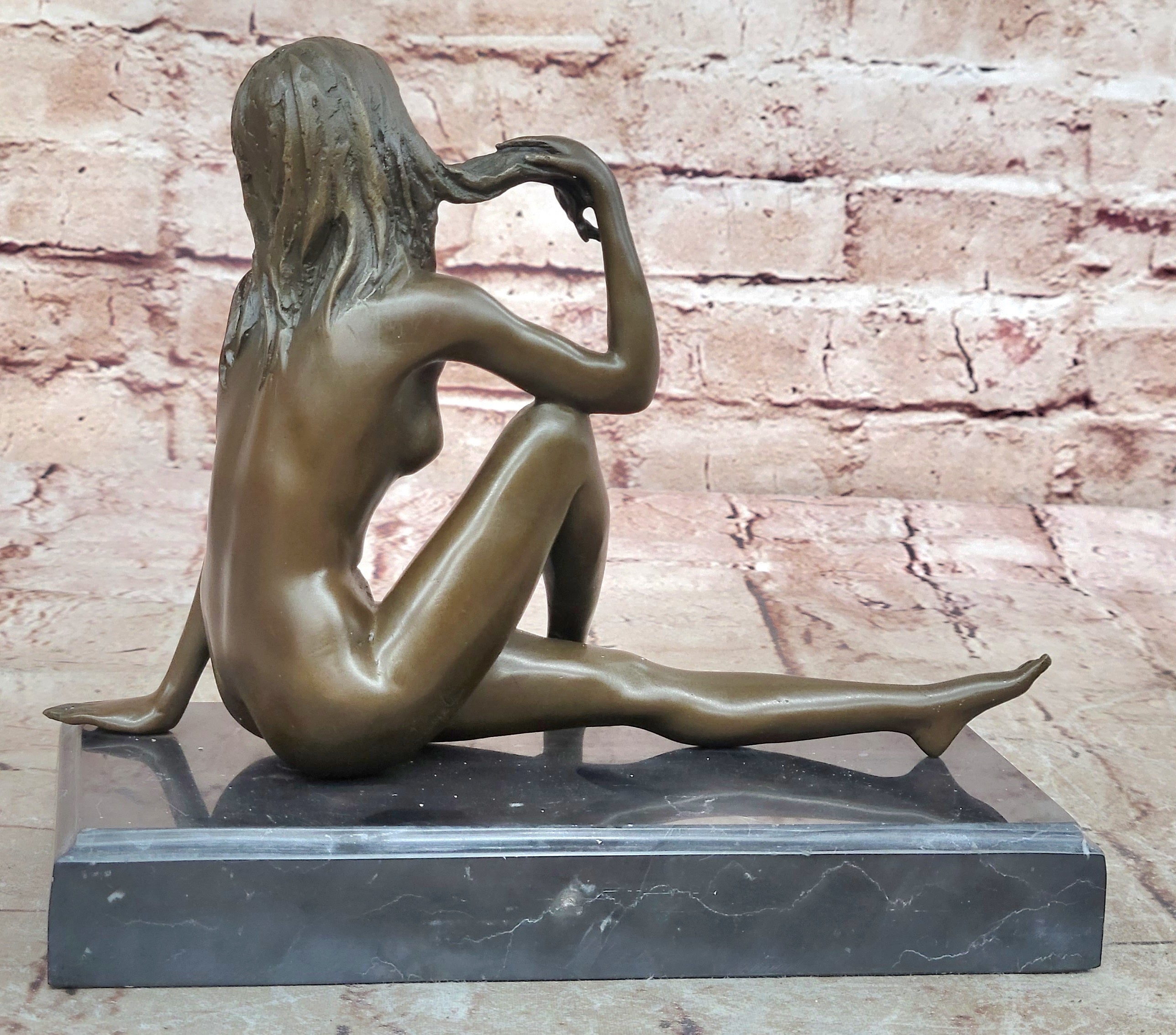 Art Deco Nude Temptress Bronze Sculpture Hot Cast Marble Base Figurine Figure