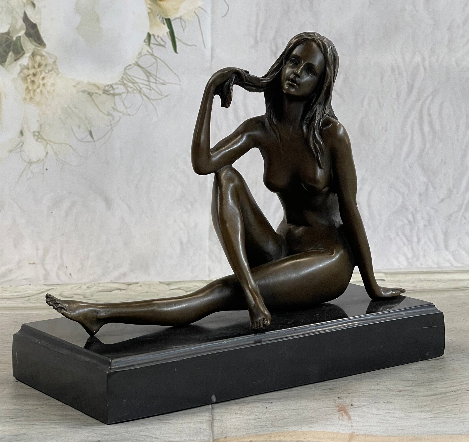 Art Deco Nude Temptress Bronze Sculpture Hot Cast Marble Base Figurine Figure