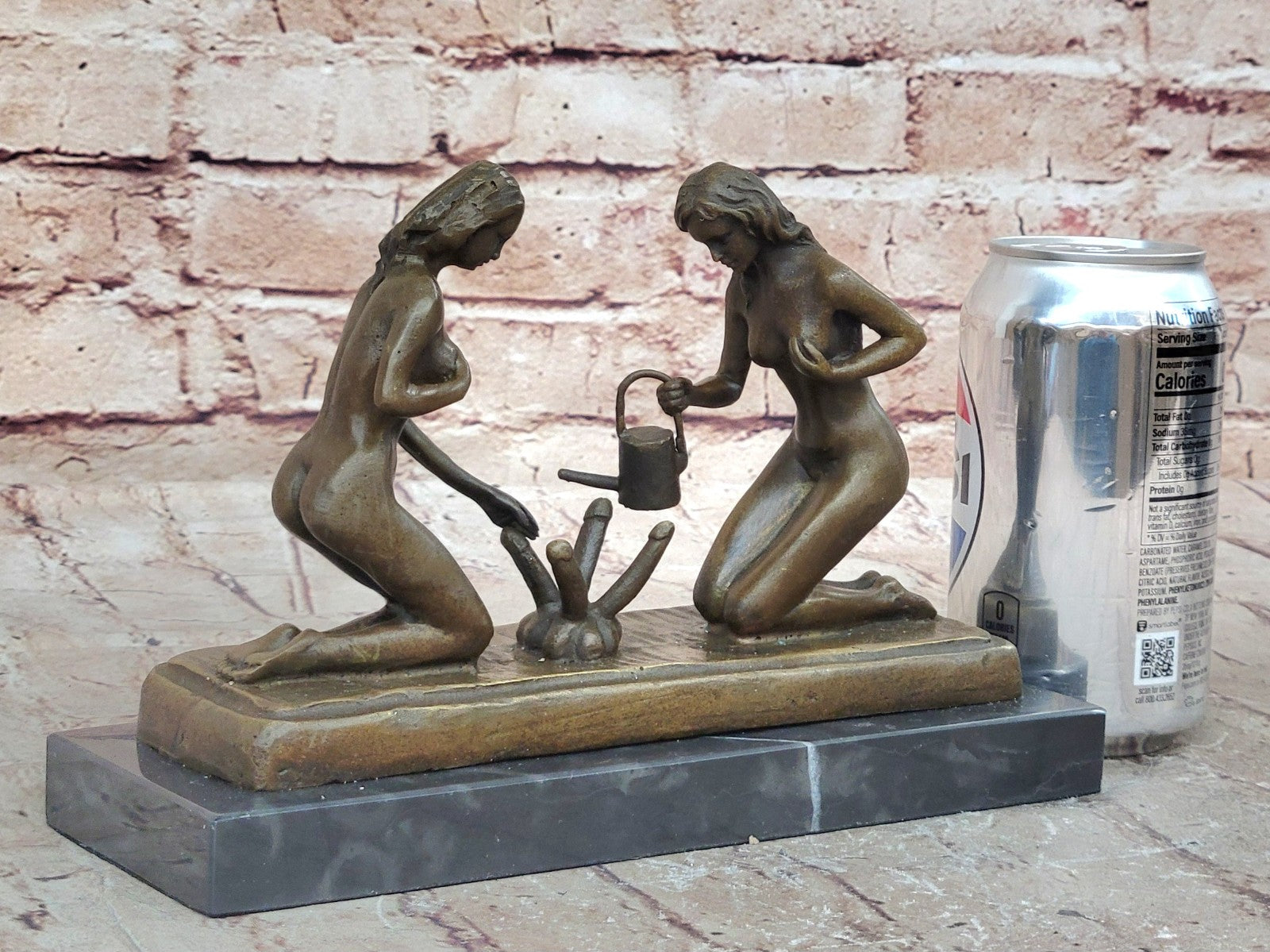 Provocative Bronze Artwork: Sensuous Nude Girl Tending to Growing Erotic Plant Statue
