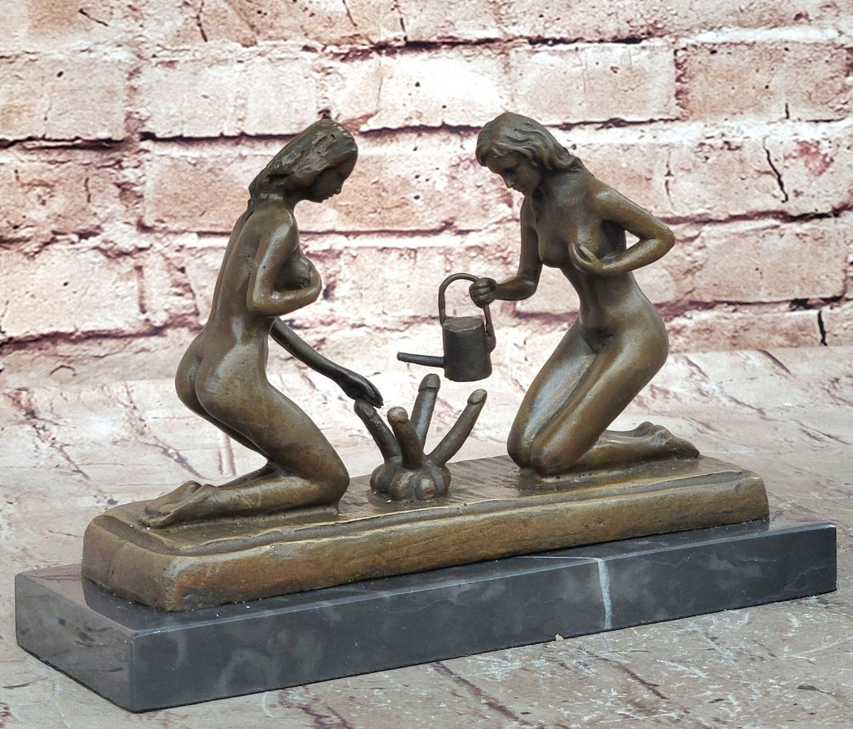 Provocative Bronze Artwork: Sensuous Nude Girl Tending to Growing Erotic Plant Statue