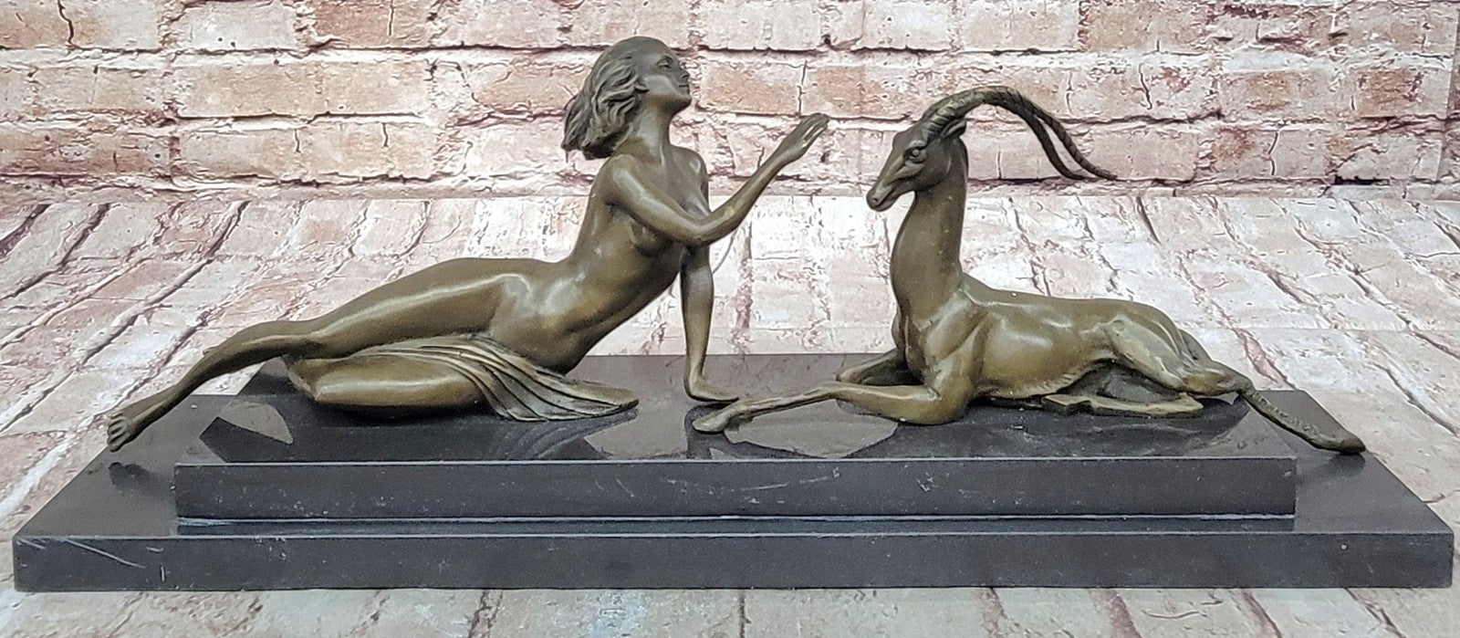 Bronze Sculpture Nude Girl w Goat Animal Lovers Classic Artwork by Vitaleh Aldo