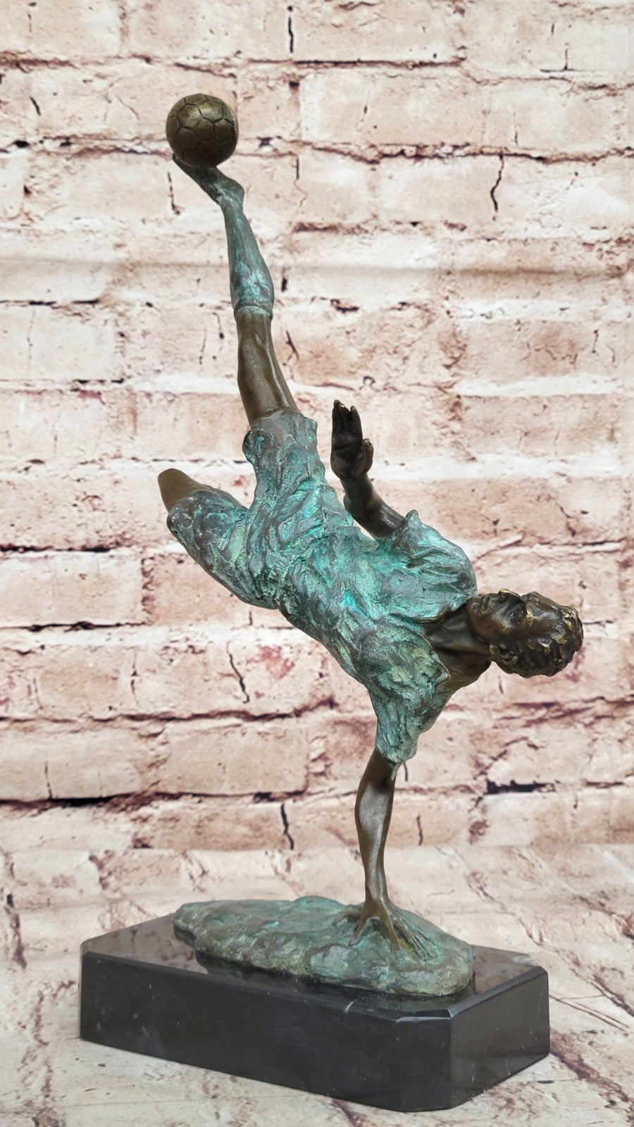 Dynamic Bronze Sculpture of Soccer Player Scoring Goal by Milo Action Artwork