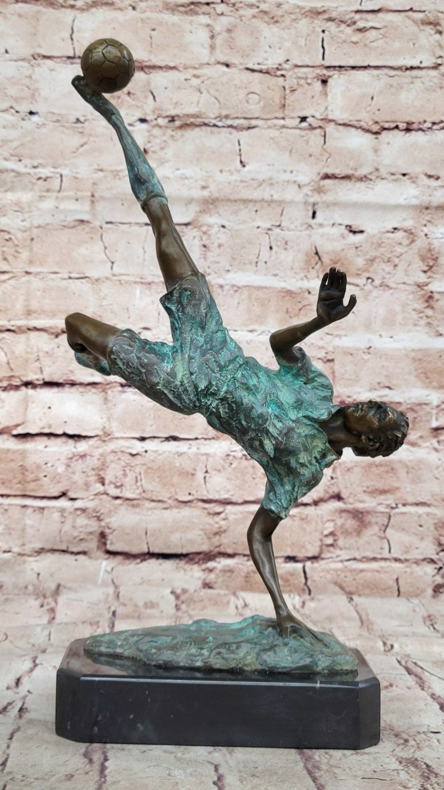 Dynamic Bronze Sculpture of Soccer Player Scoring Goal by Milo Action Artwork