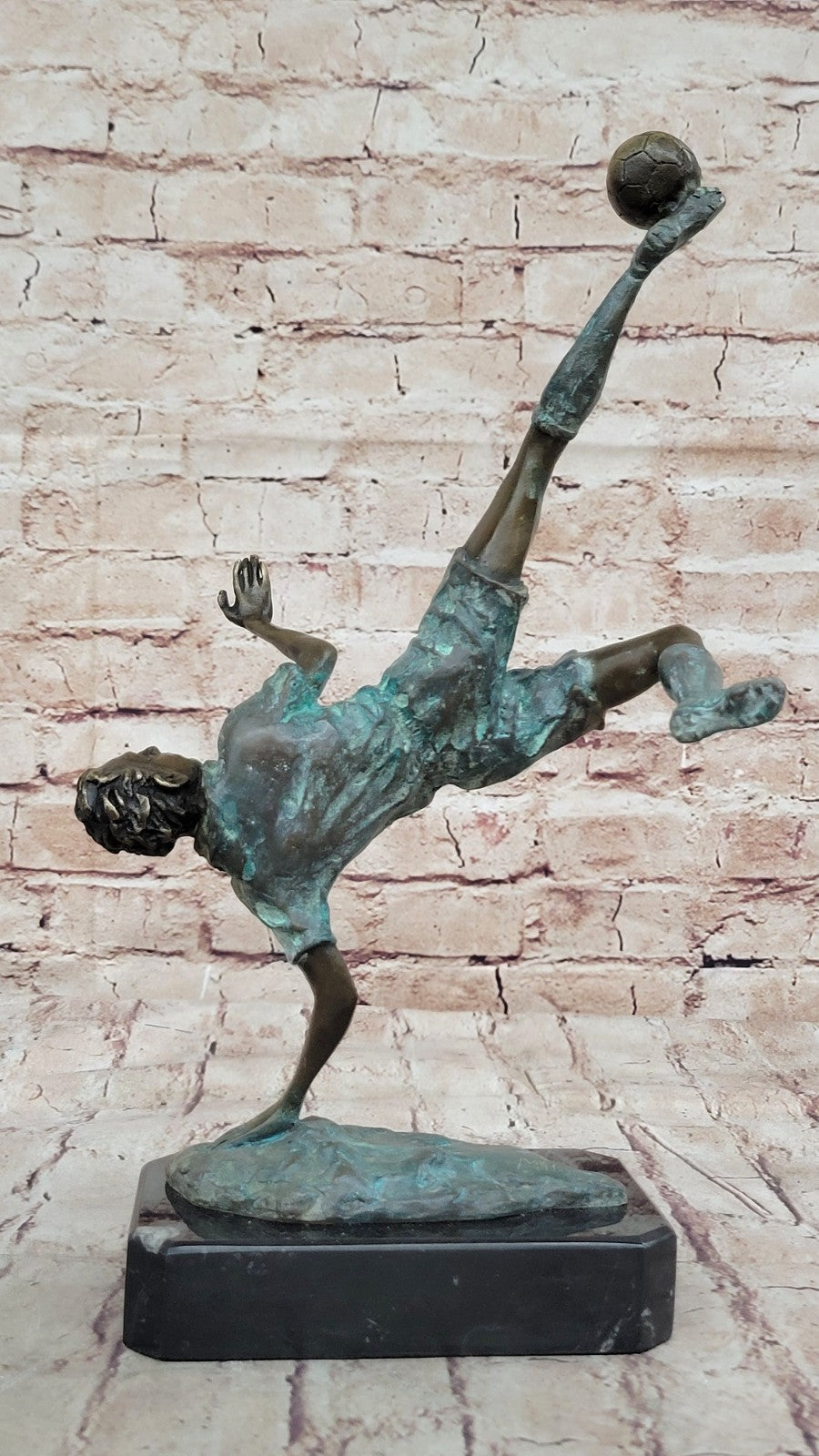 Dynamic Bronze Sculpture of Soccer Player Scoring Goal by Milo Action Artwork