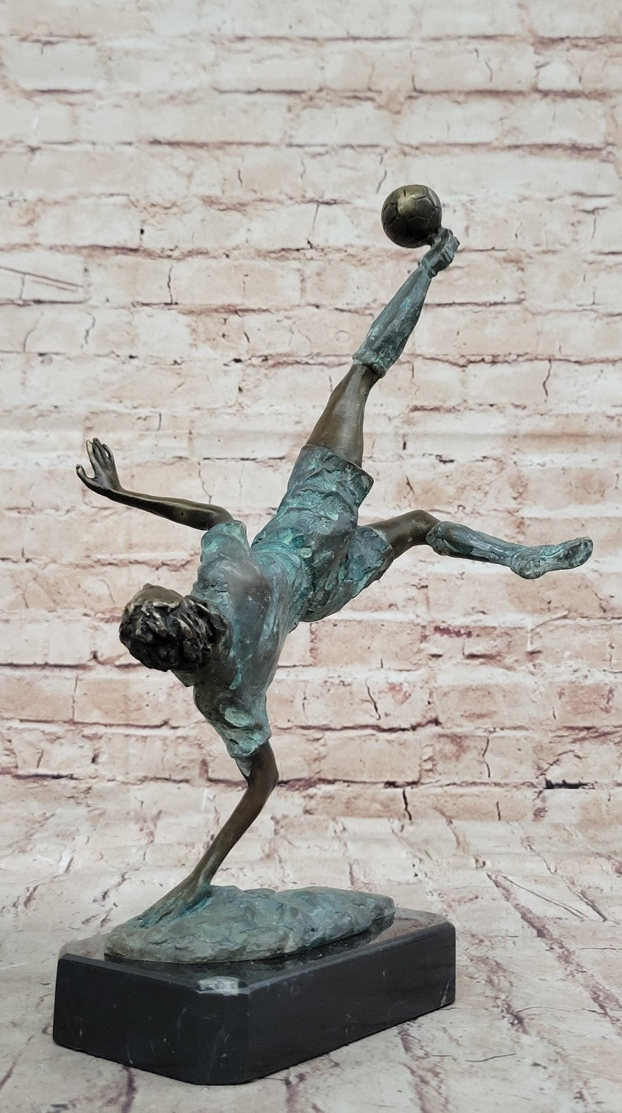 Dynamic Bronze Sculpture of Soccer Player Scoring Goal by Milo Action Artwork