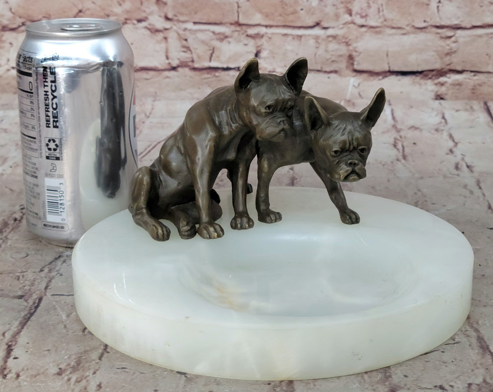 VINTAGE BRONZE DOG WHITE ONYX TRINKET HOLDER ASHTRAY 8`` WIDE HOME OFFICE DECO