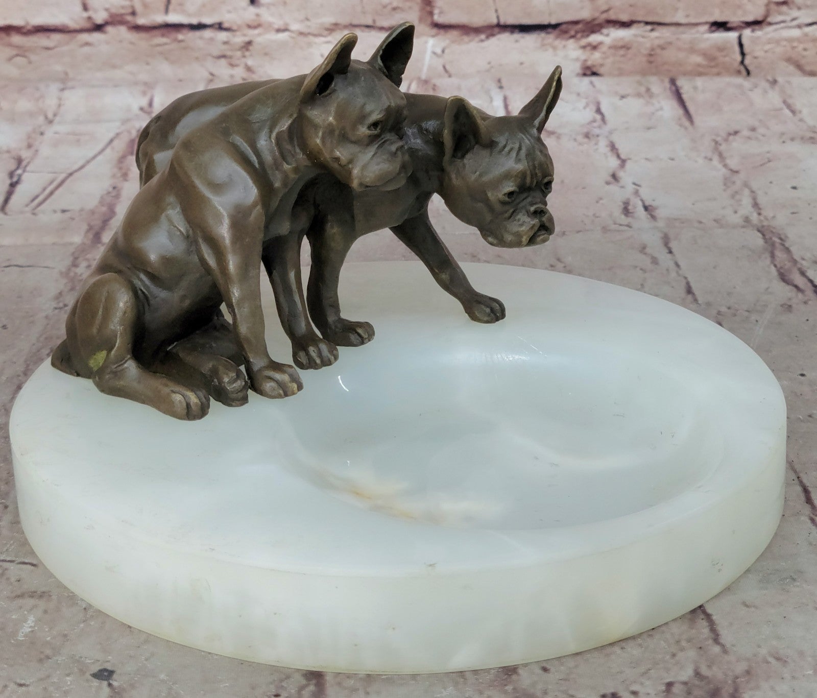 VINTAGE BRONZE DOG WHITE ONYX TRINKET HOLDER ASHTRAY 8`` WIDE HOME OFFICE DECO