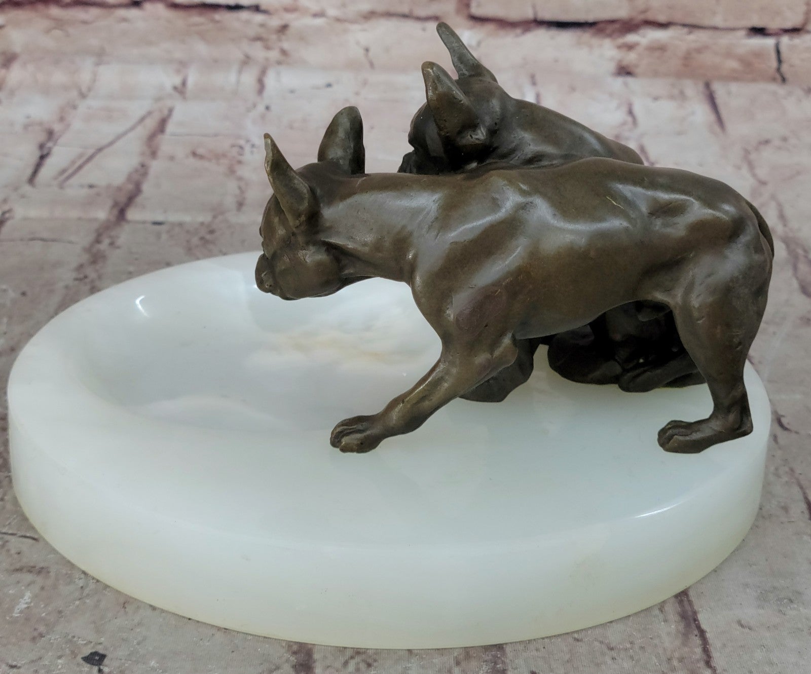 VINTAGE BRONZE DOG WHITE ONYX TRINKET HOLDER ASHTRAY 8`` WIDE HOME OFFICE DECO