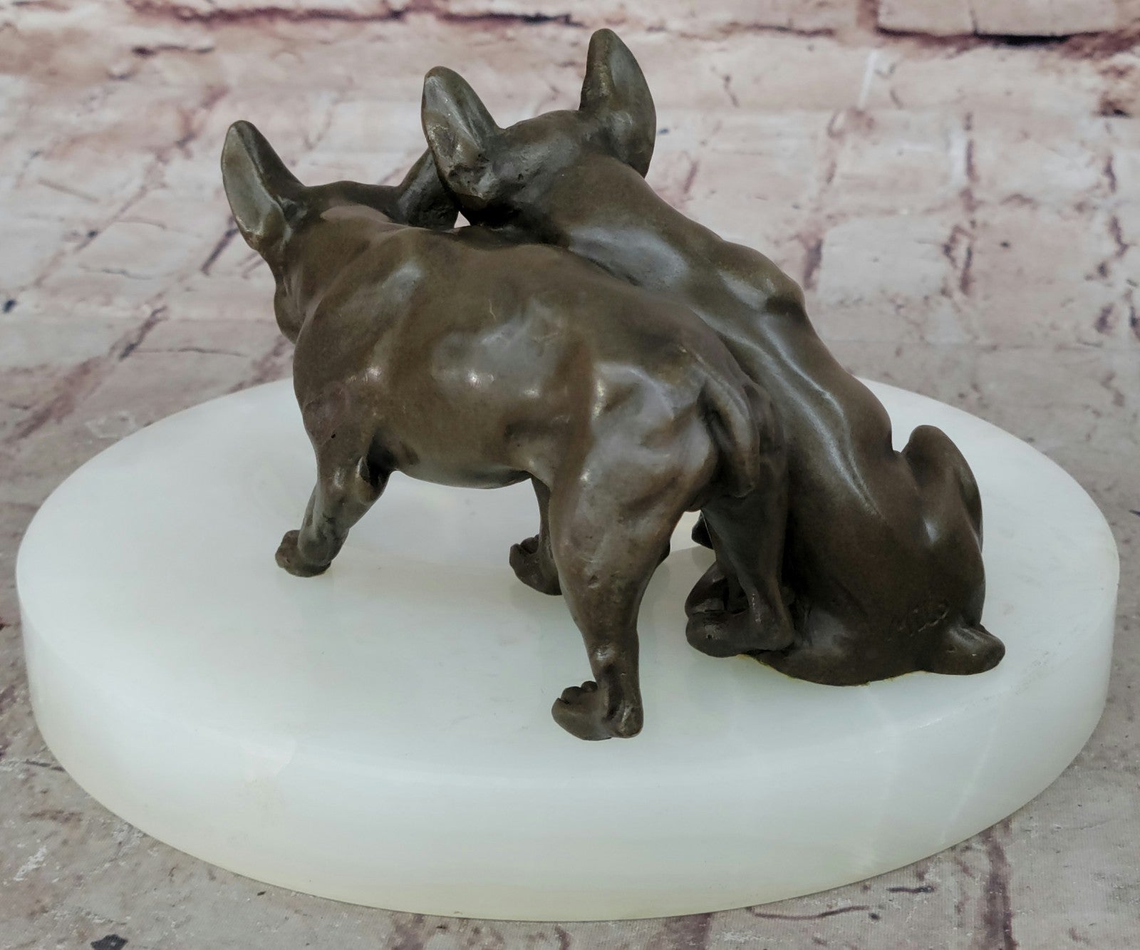 VINTAGE BRONZE DOG WHITE ONYX TRINKET HOLDER ASHTRAY 8`` WIDE HOME OFFICE DECO