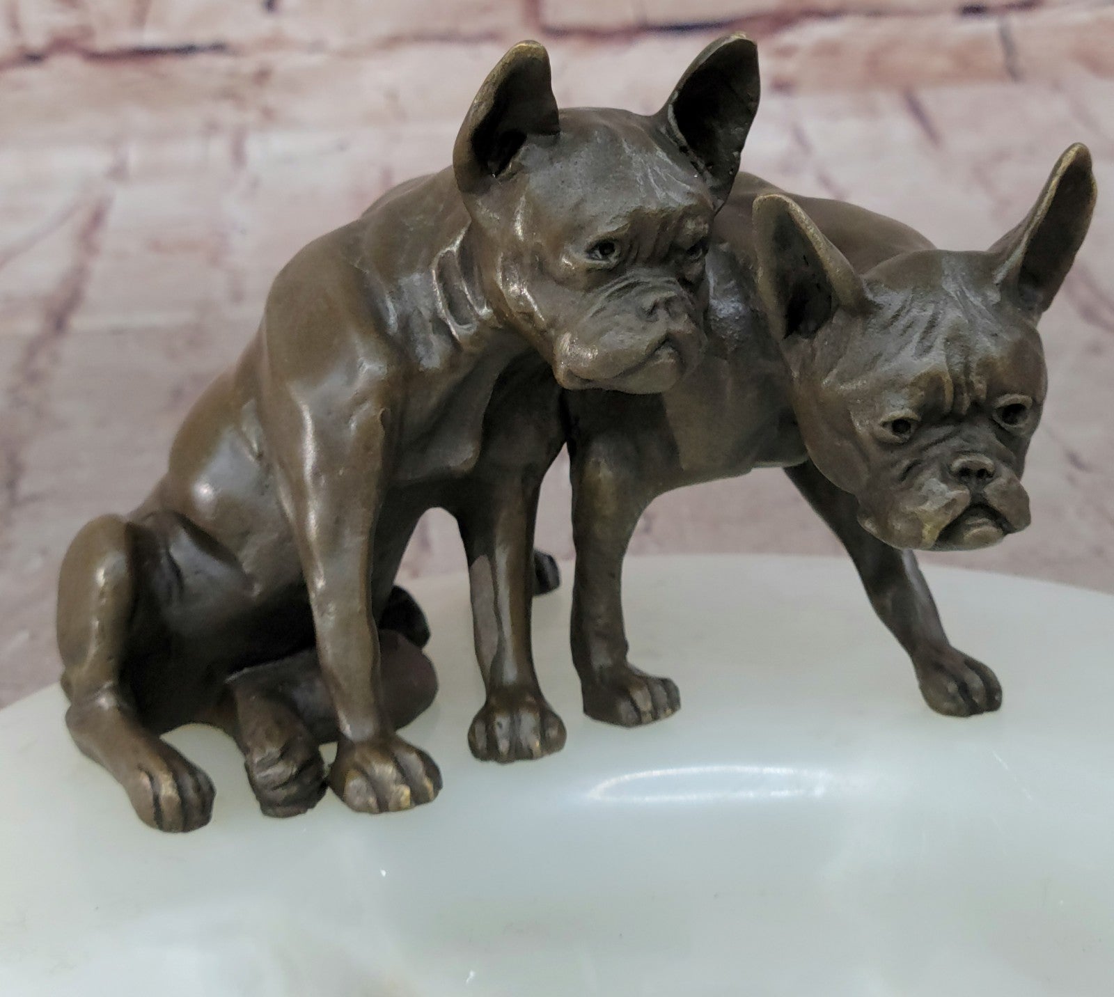 VINTAGE BRONZE DOG WHITE ONYX TRINKET HOLDER ASHTRAY 8`` WIDE HOME OFFICE DECO