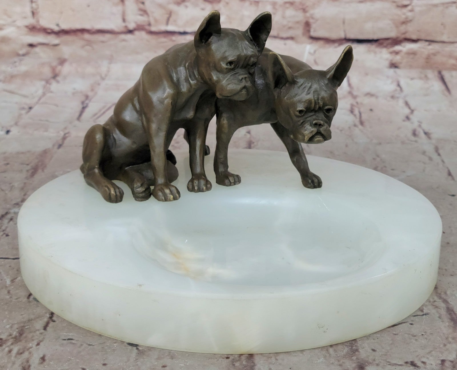 VINTAGE BRONZE DOG WHITE ONYX TRINKET HOLDER ASHTRAY 8`` WIDE HOME OFFICE DECO