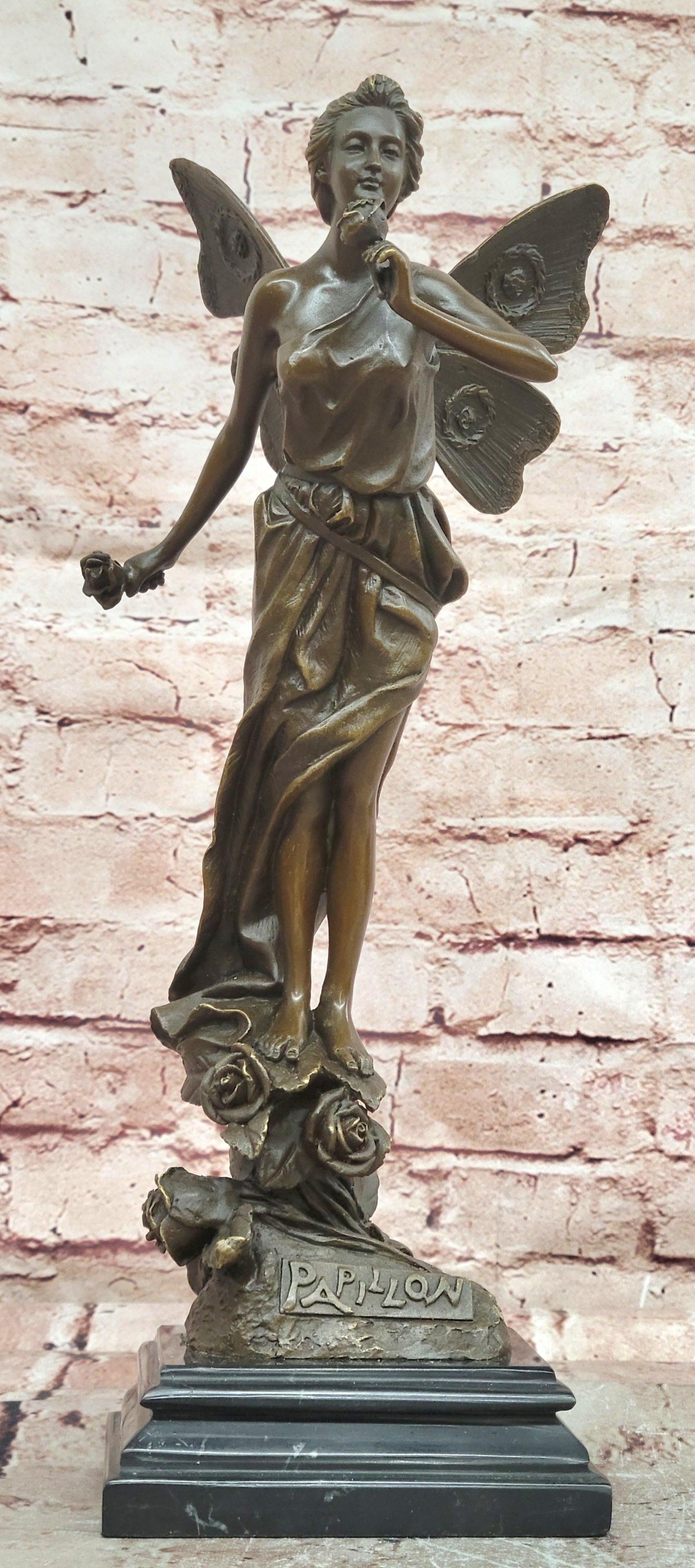 Signed Bronze Fairy with Flower Figurine Romantic Fine Art Display Piece