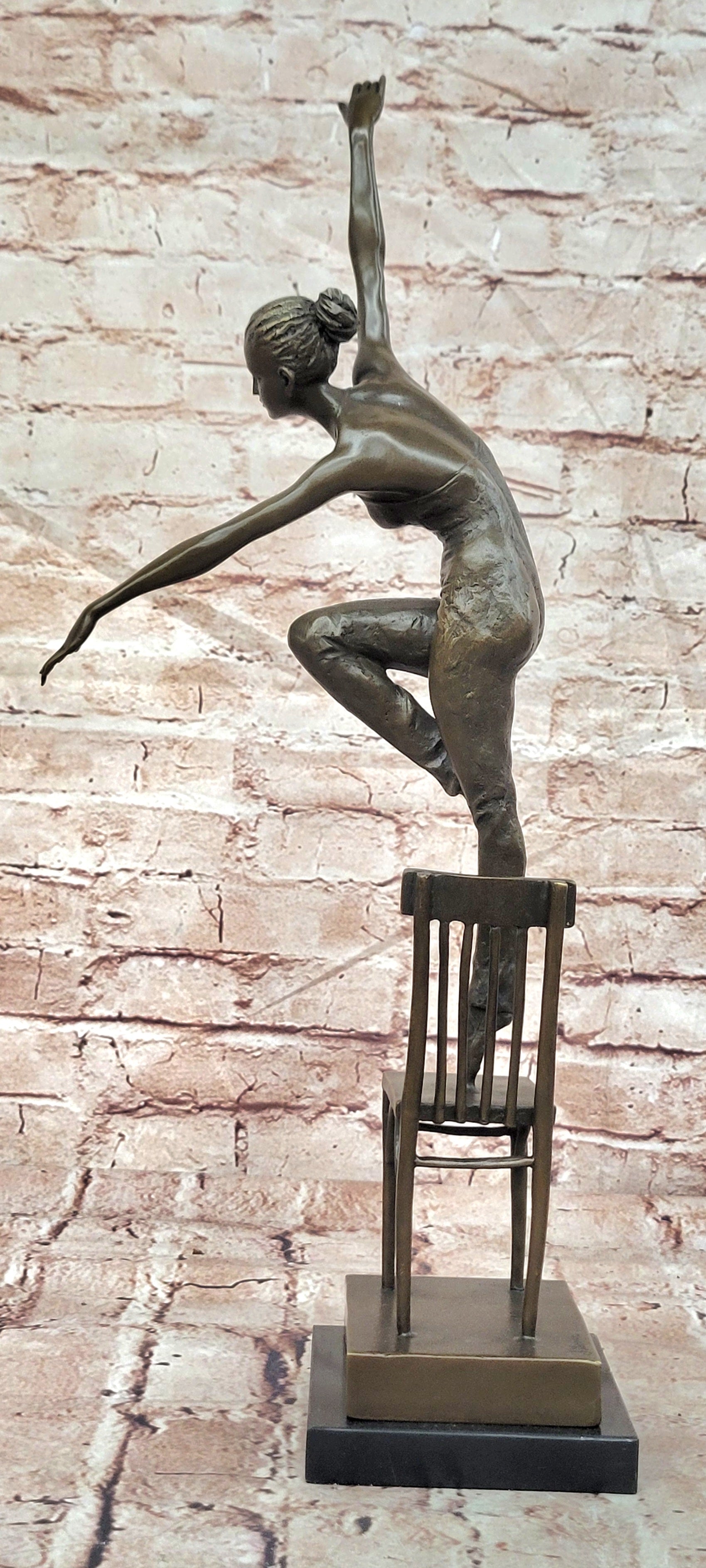 Bronze Female Dancer Statue Chair Pose Signed Patoue Collectible Figurine