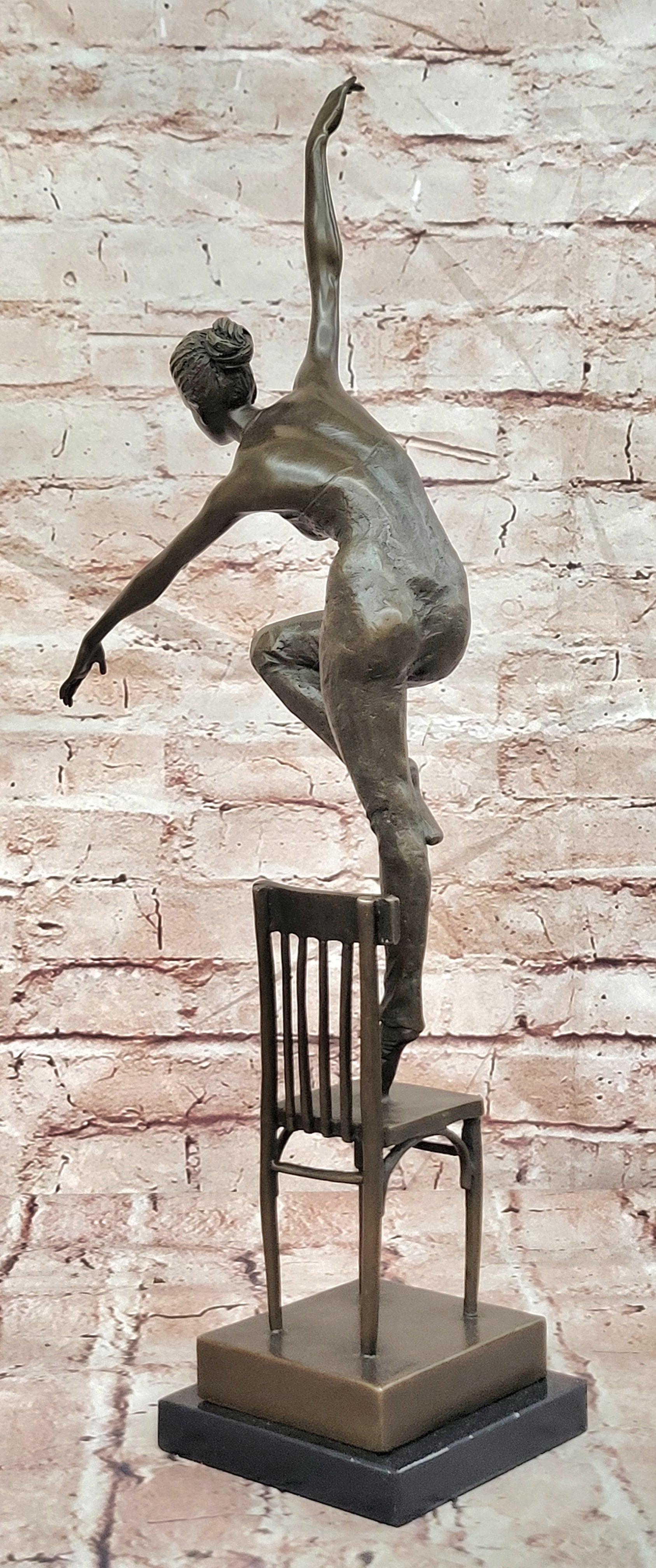 Bronze Female Dancer Statue Chair Pose Signed Patoue Collectible Figurine