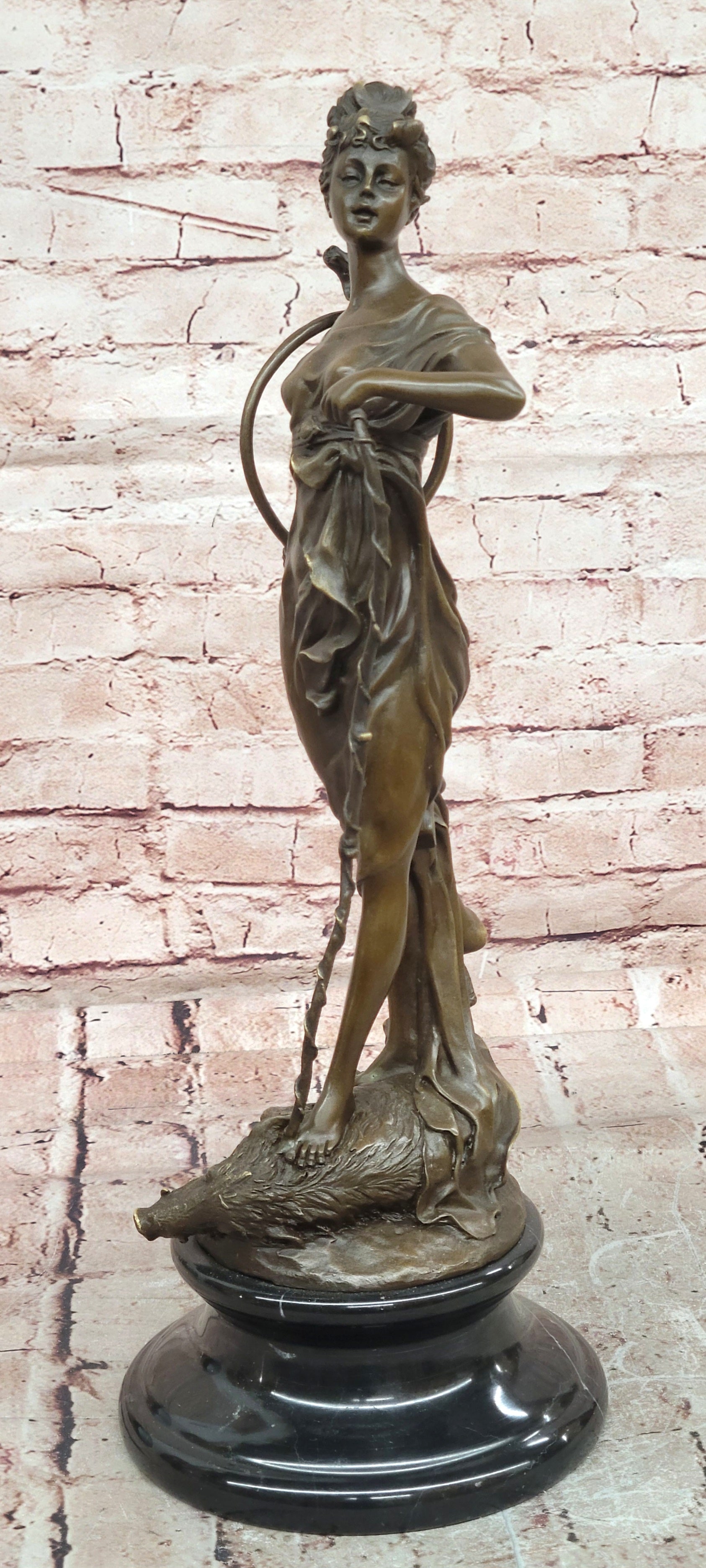 Classical Diana Bronze Sculpture Goddess Hunter with Bow Boar Art Statue