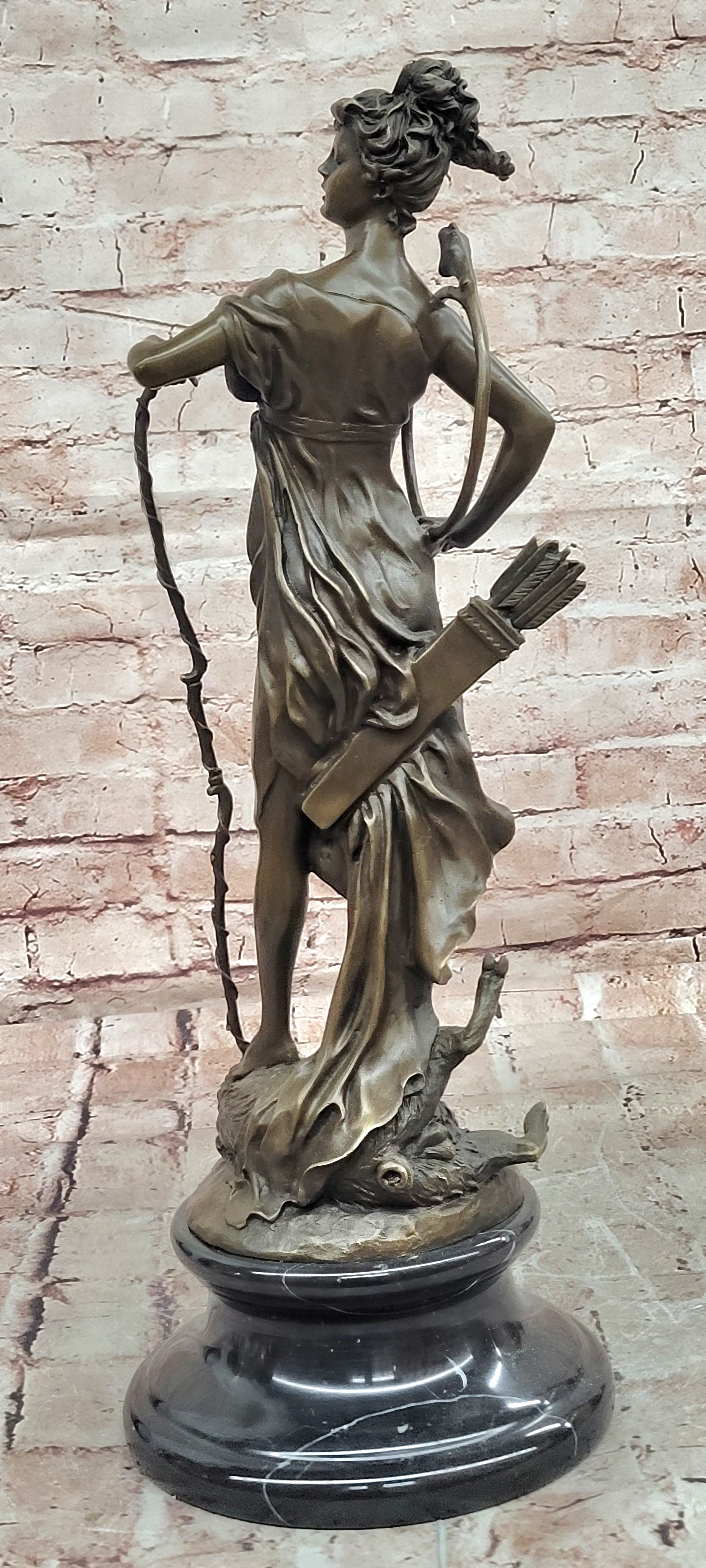 Classical Diana Bronze Sculpture Goddess Hunter with Bow Boar Art Statue
