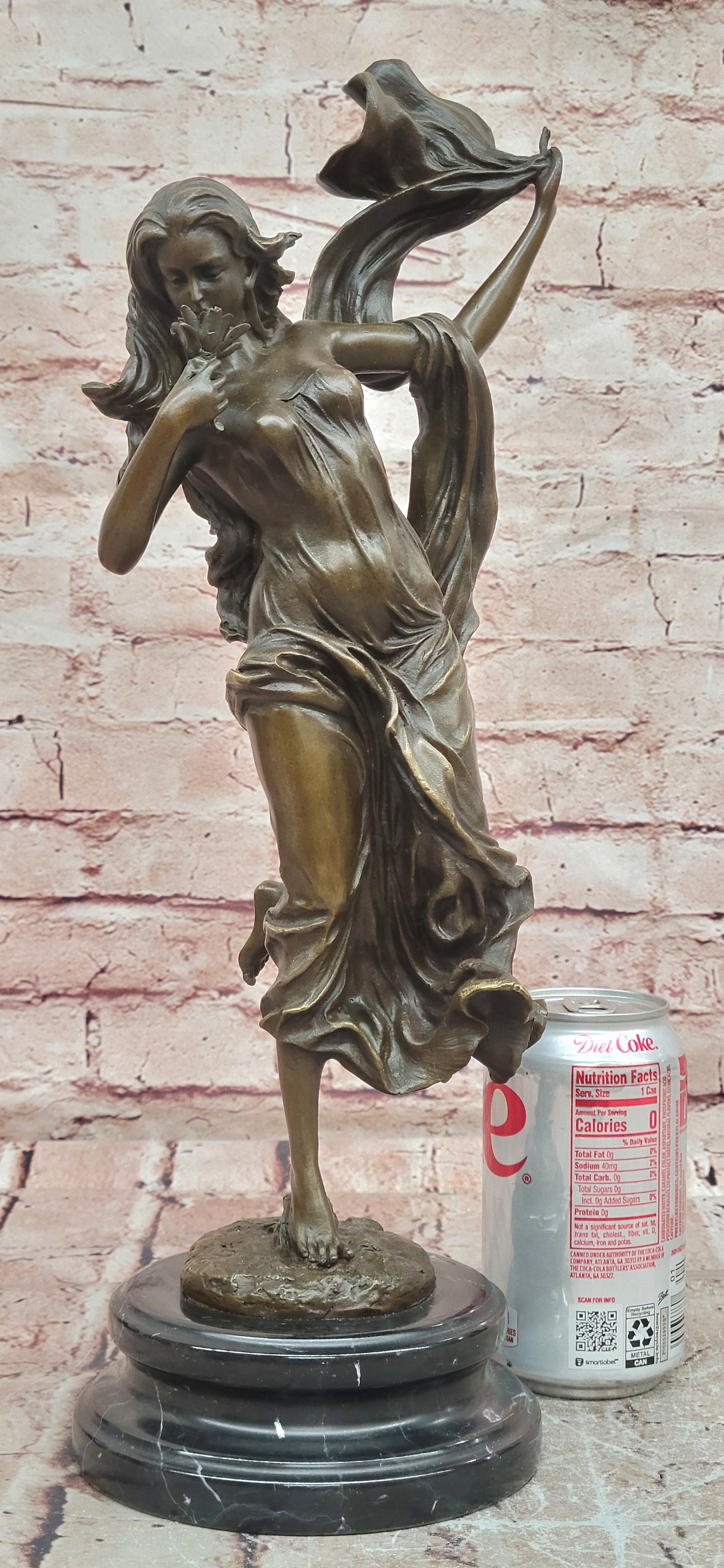 Art Deco Young Girl Flower Bronze Statue Cesaro Marble Base Museum Quality Gift