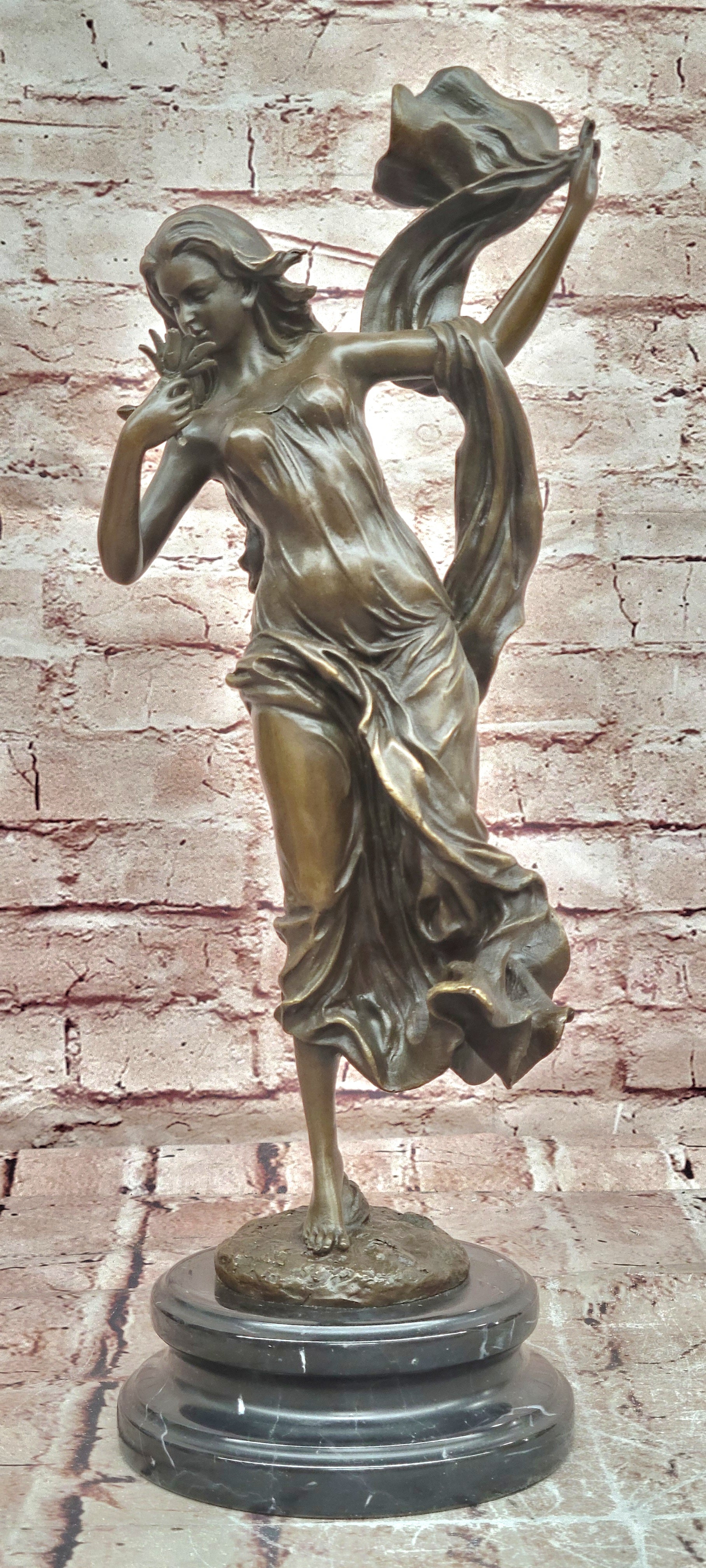 Art Deco Young Girl Flower Bronze Statue Cesaro Marble Base Museum Quality Gift