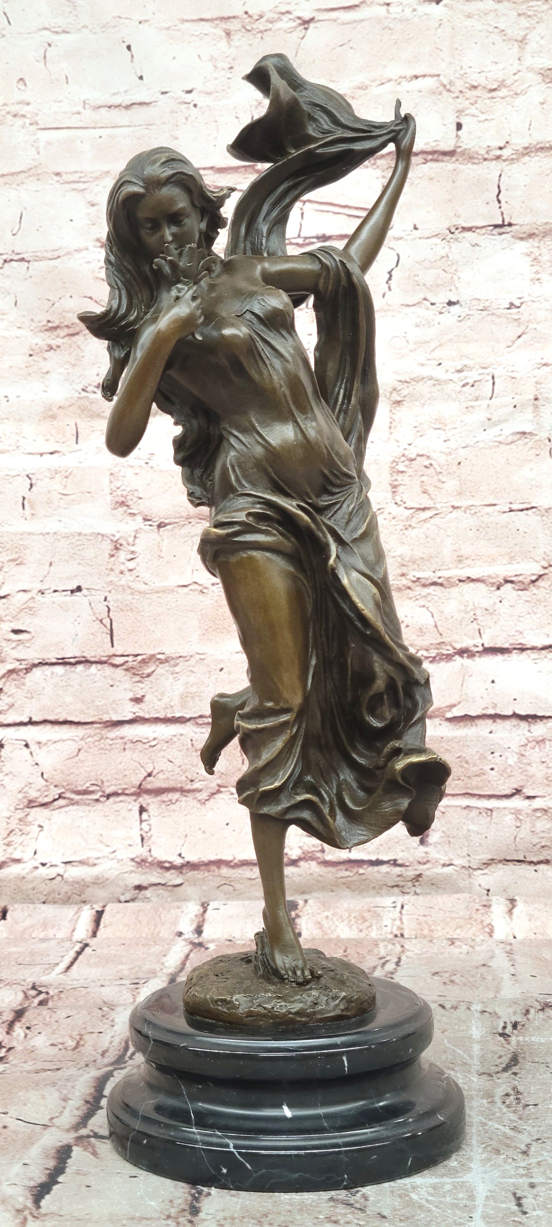 Art Deco Young Girl Flower Bronze Statue Cesaro Marble Base Museum Quality Gift