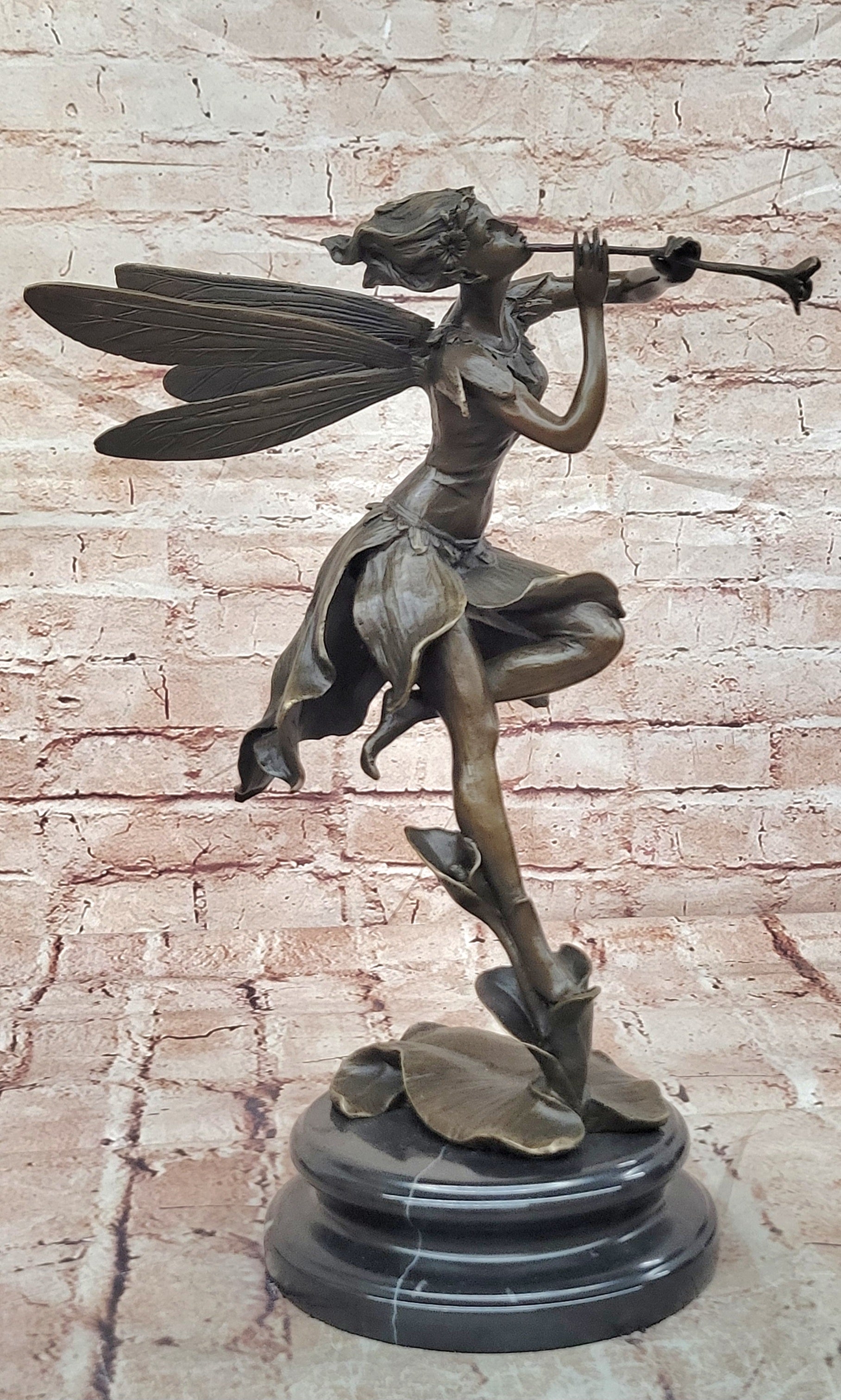 Cesaro Bronze Fairy Nymph Figurine with Flute Mythology Fine Art Decorative Statue