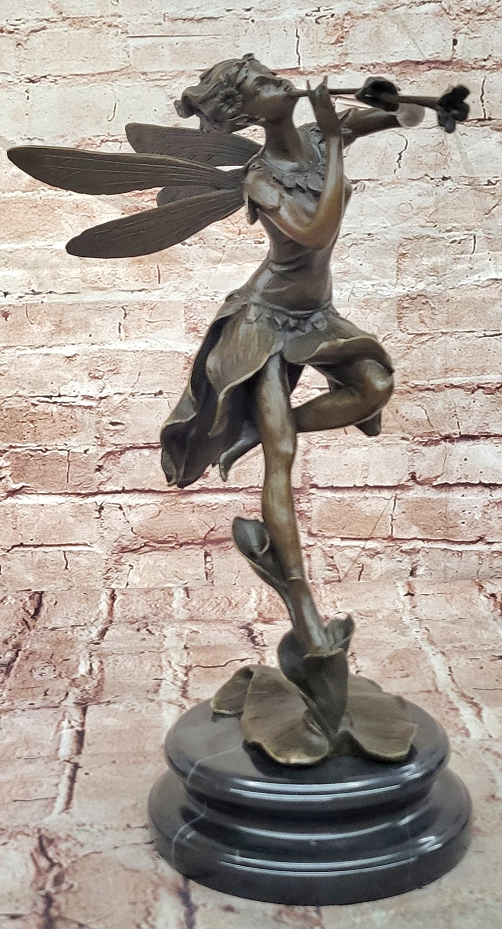Cesaro Bronze Fairy Nymph Figurine with Flute Mythology Fine Art Decorative Statue
