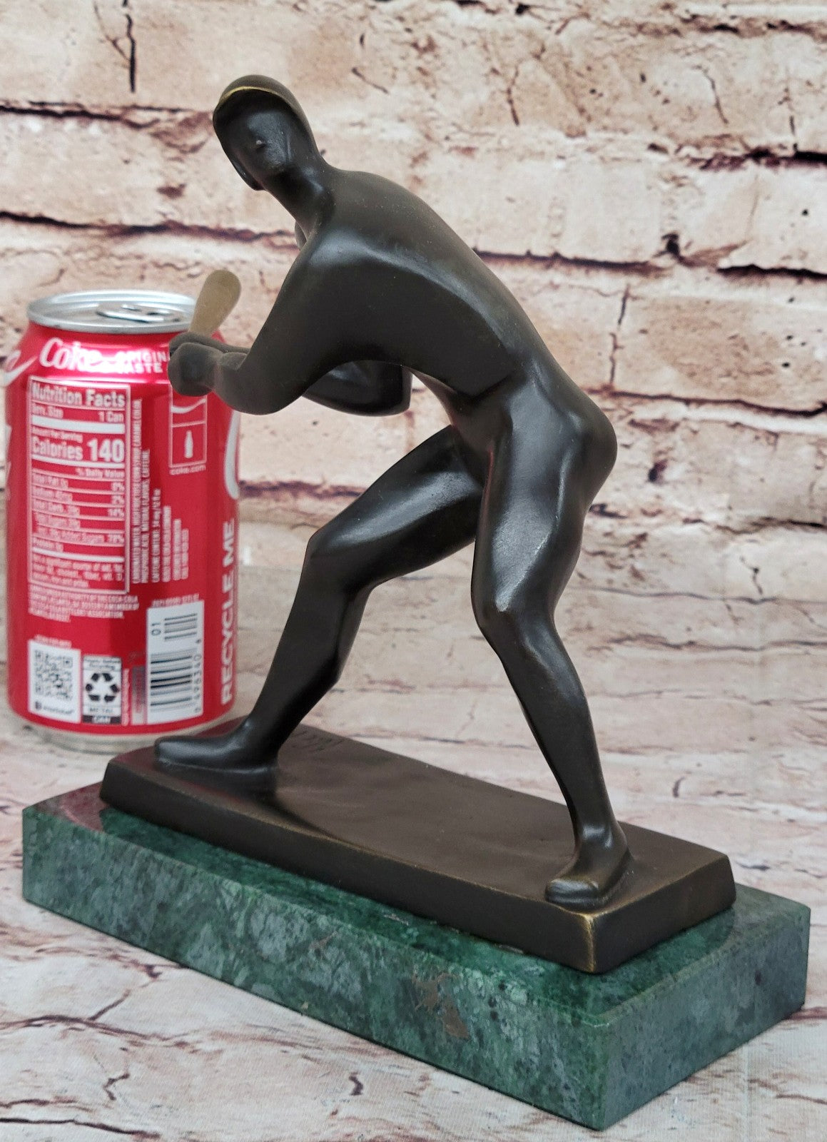 Abstract Detailed Hand Made by Lost Wax Method Baseball Player with Green Marble