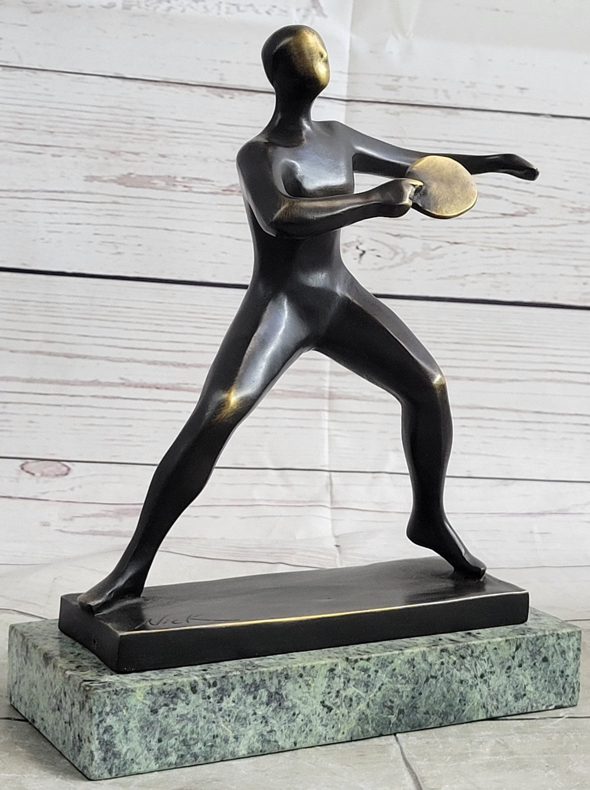 100% Solid Bronze Woman Girl Ping Pong Player with Green Marble Base Signed