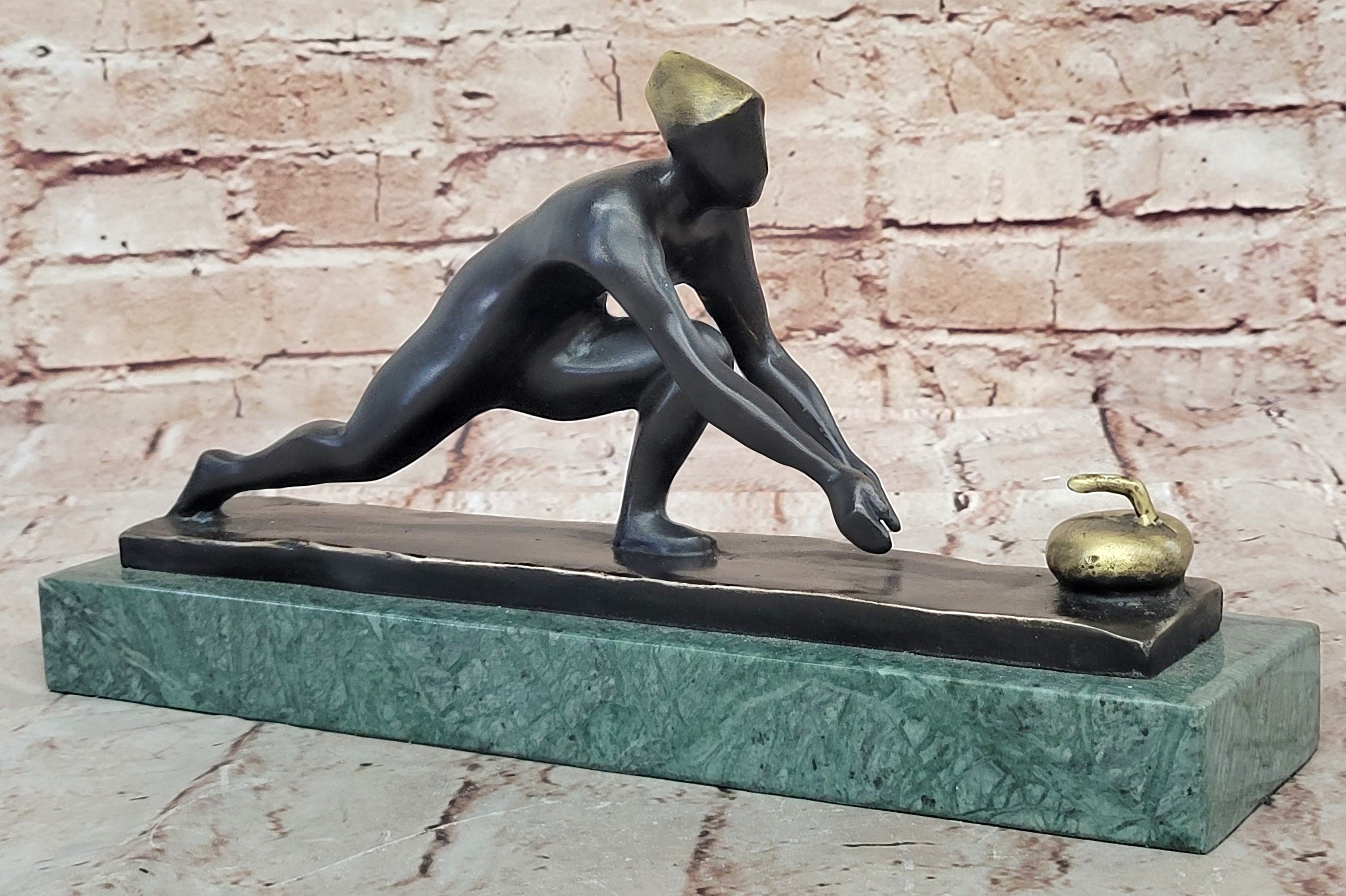 Curling Trophy Mid Century Grand Prize Men`s Male Metal Lost Wax Method Statue