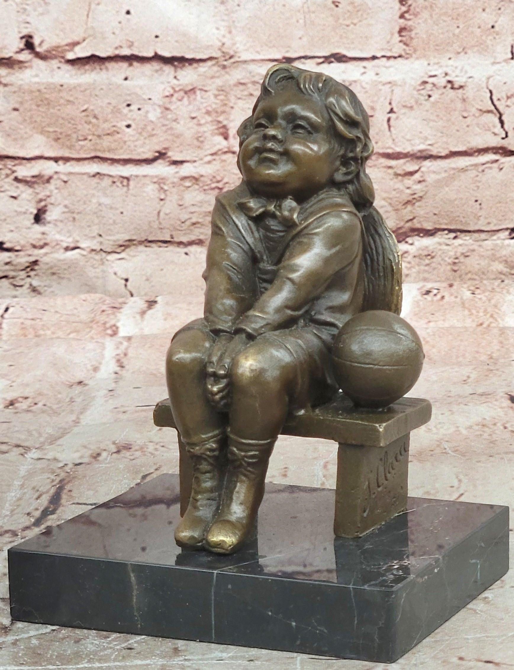 Handmade Bronze Girl Sitting On Bench Figurine Juan Clara Signed Art