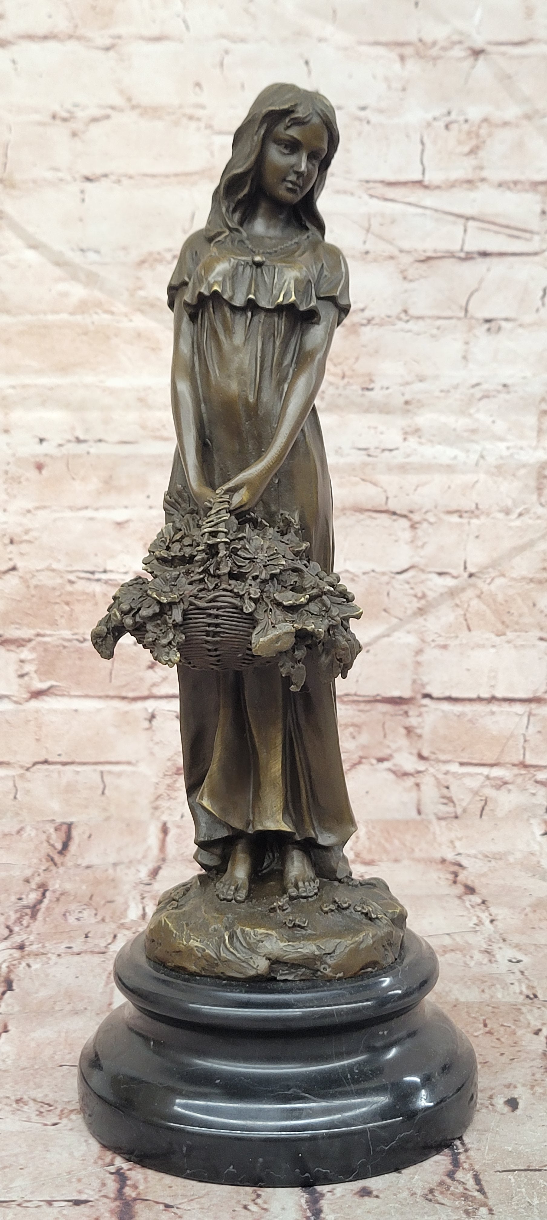 Bronze Young Lady with Flower Basket Sculpture Signed Milo Fine Art Collectible