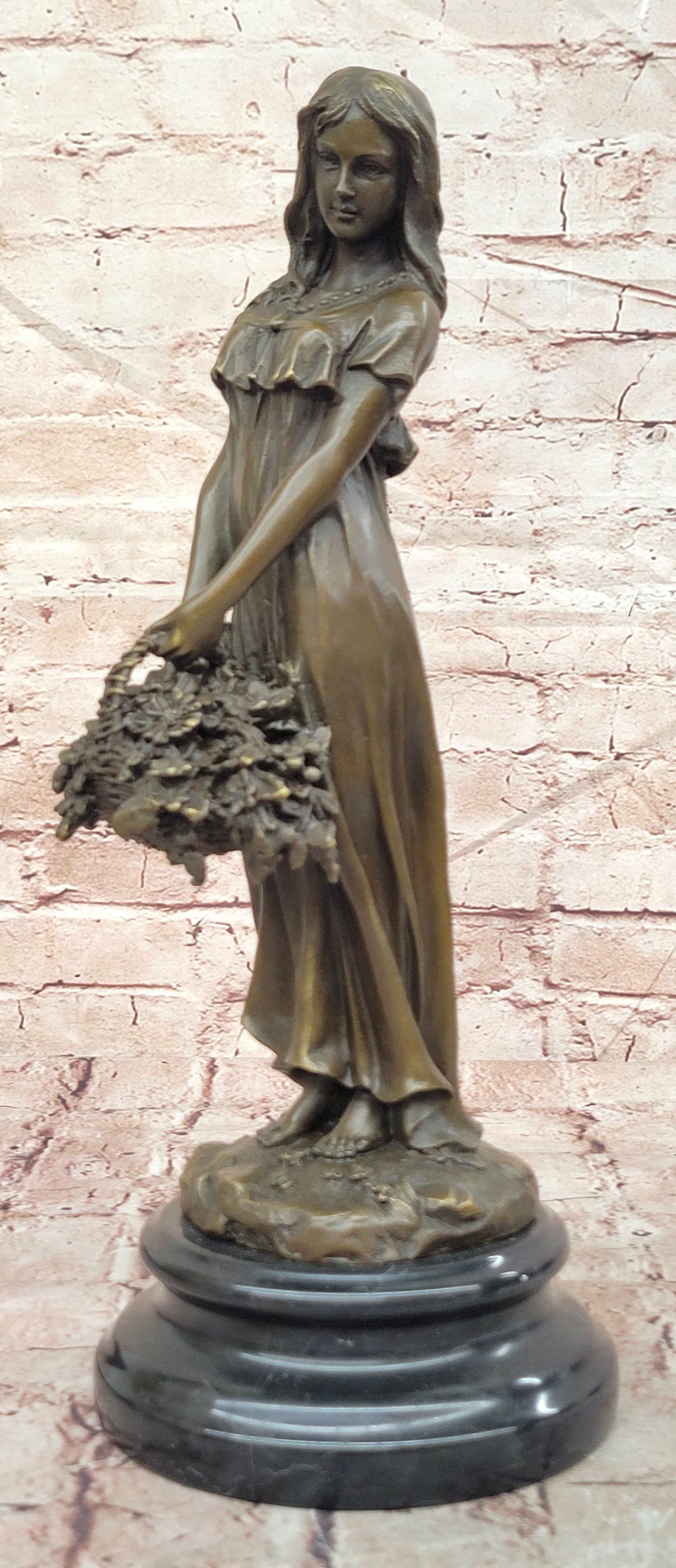 Bronze Young Lady with Flower Basket Sculpture Signed Milo Fine Art Collectible