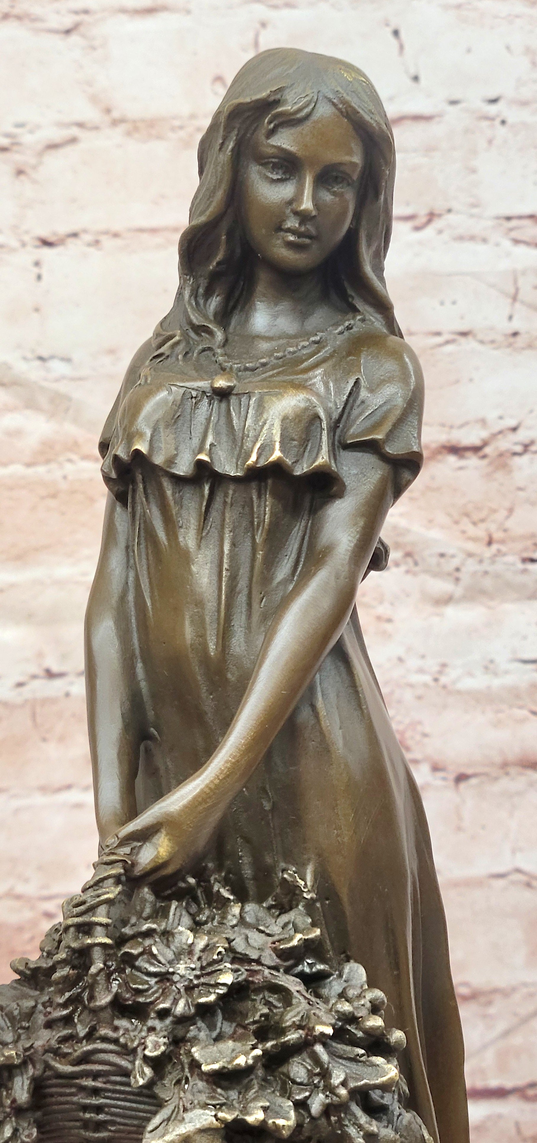 Bronze Young Lady with Flower Basket Sculpture Signed Milo Fine Art Collectible