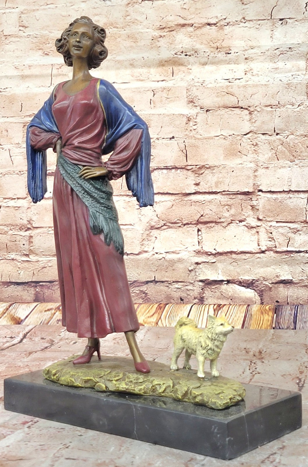 Collectible J.Erte Art Deco Bronze Statue of Lady with Dog Home Office Decoration