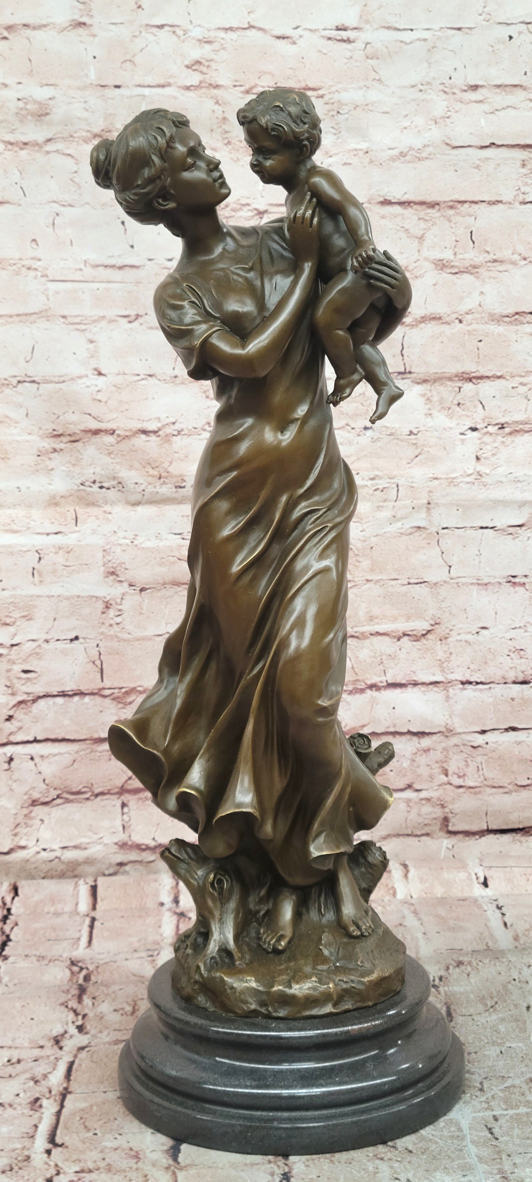 Bronze Family Sculpture Signed Moreau Mother and Child Collectible Art
