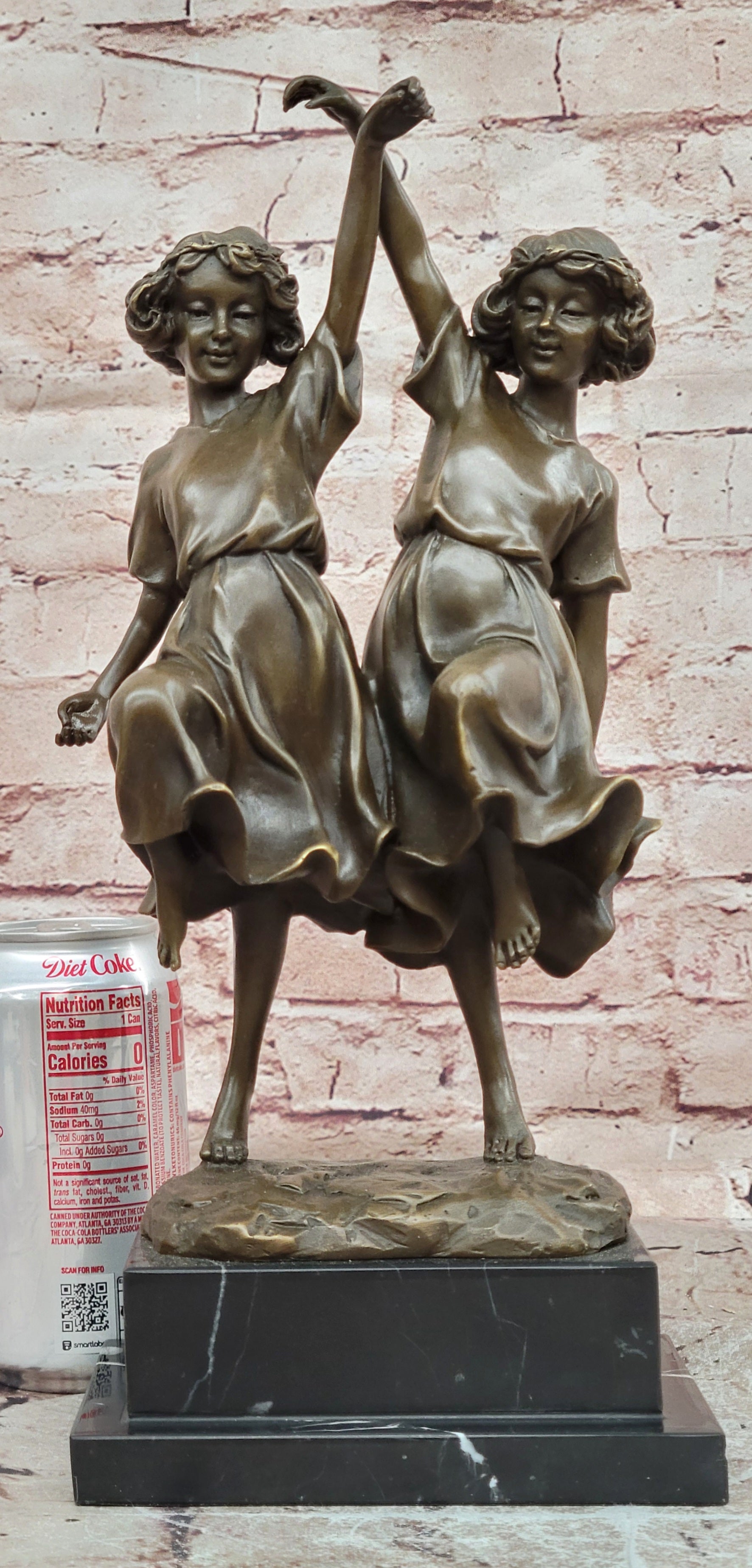 Handcrafted Bronze Twin Girls Dancing Sculpture Marble Base Luxury Home Decor