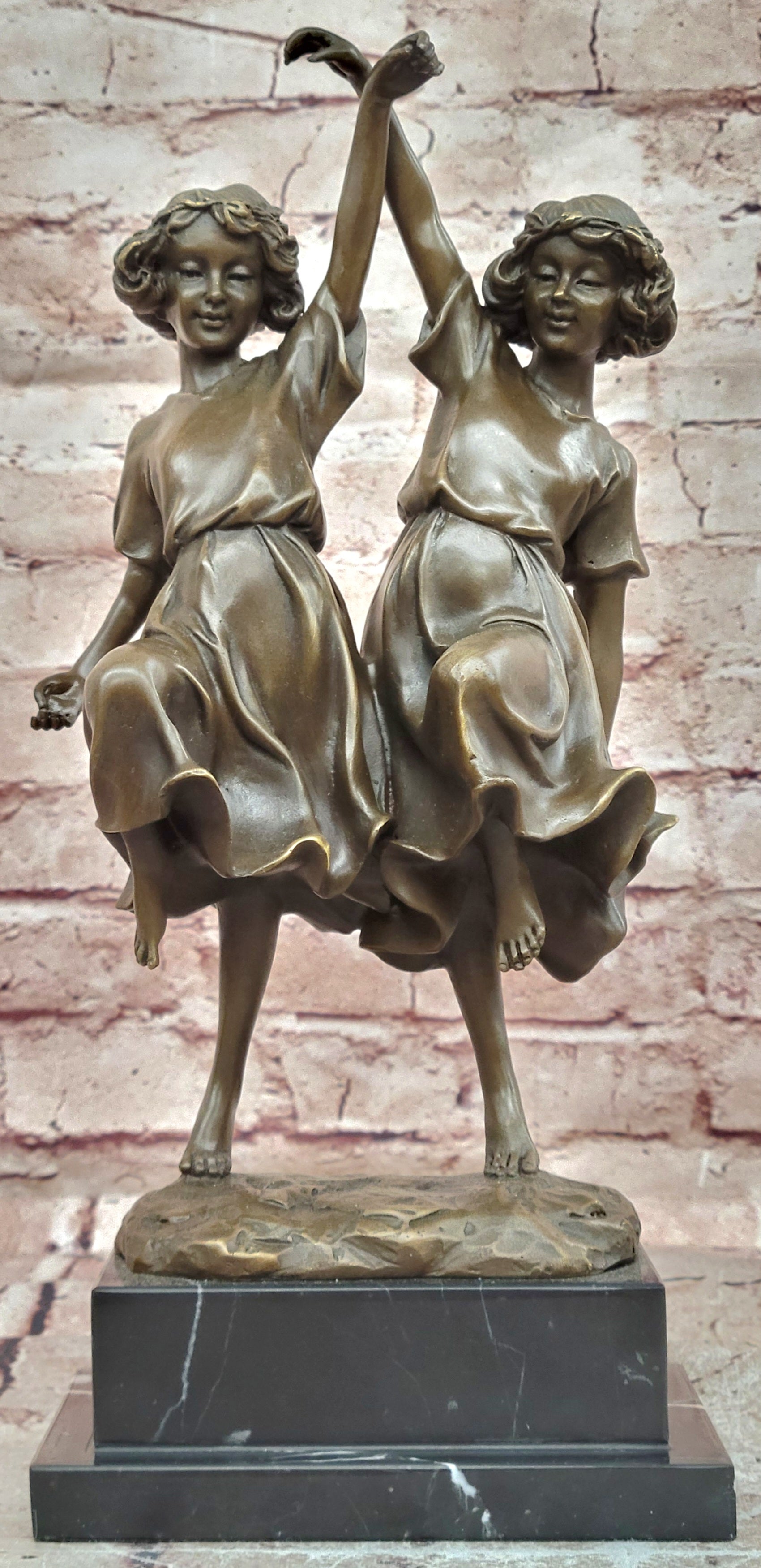 Handcrafted Bronze Twin Girls Dancing Sculpture Marble Base Luxury Home Decor