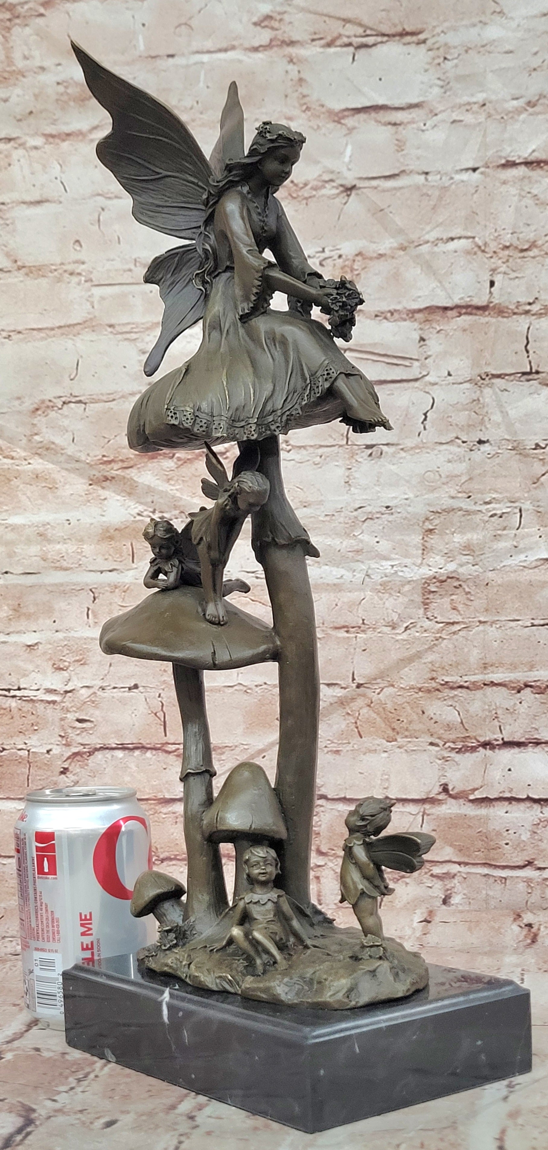 Bronze Elves on Mushrooms Statue Fantasy Woodland Fine Art Sculpture Decor