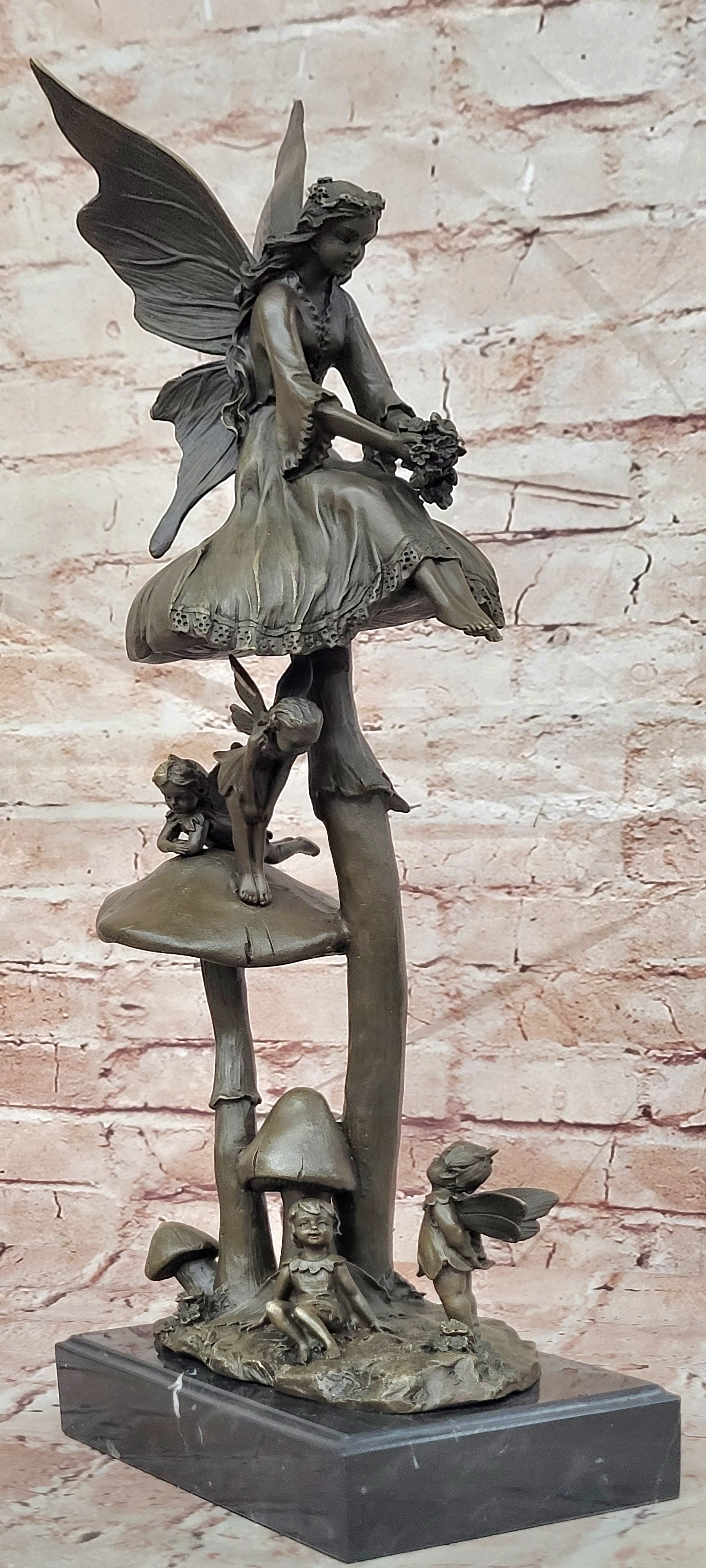 Bronze Elves on Mushrooms Statue Fantasy Woodland Fine Art Sculpture Decor